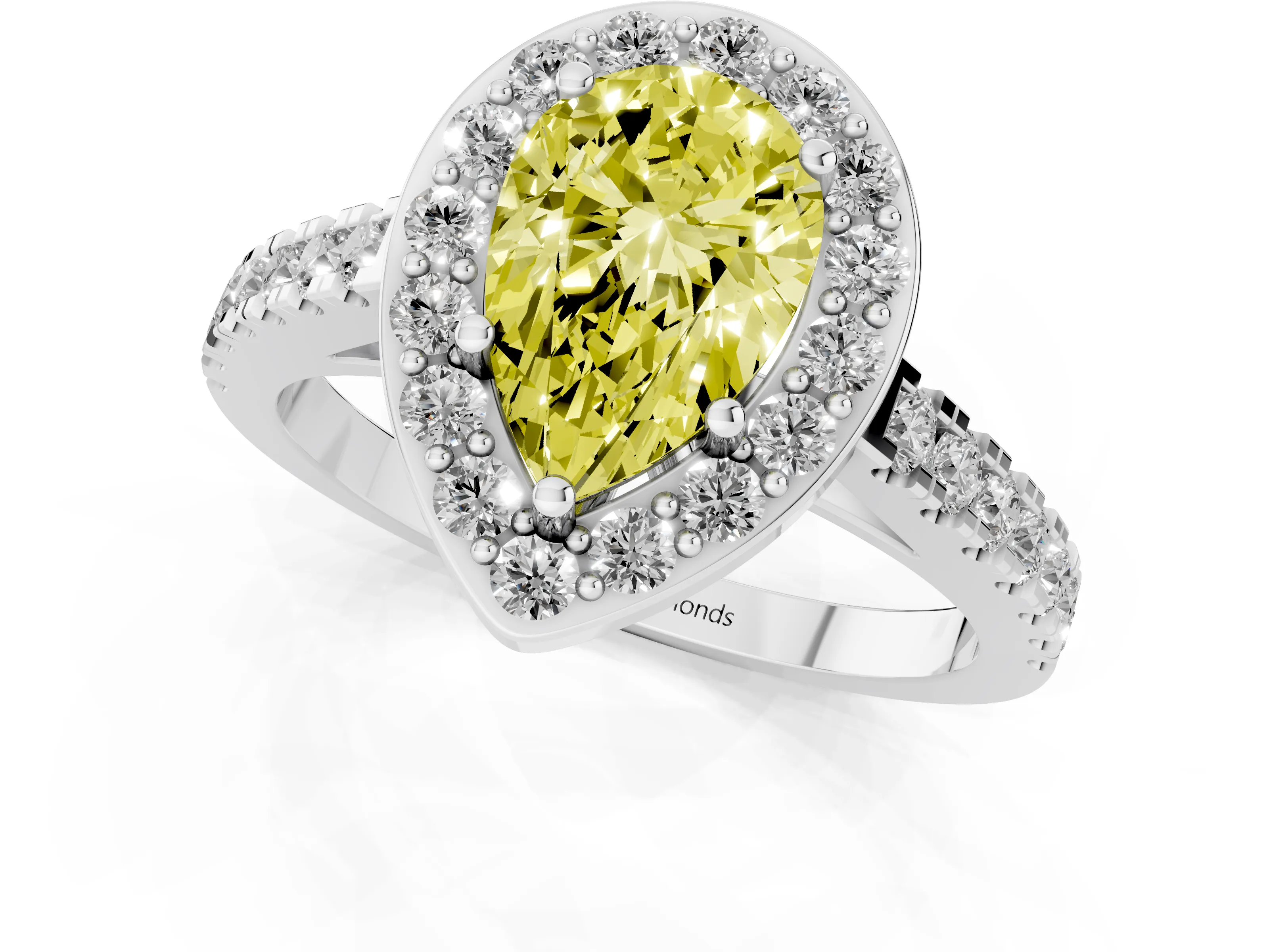 Fancy Yellow Pear Cut Diamond Halo Ring Set in Silver with Round Pavé Split Shank and Prong Setting