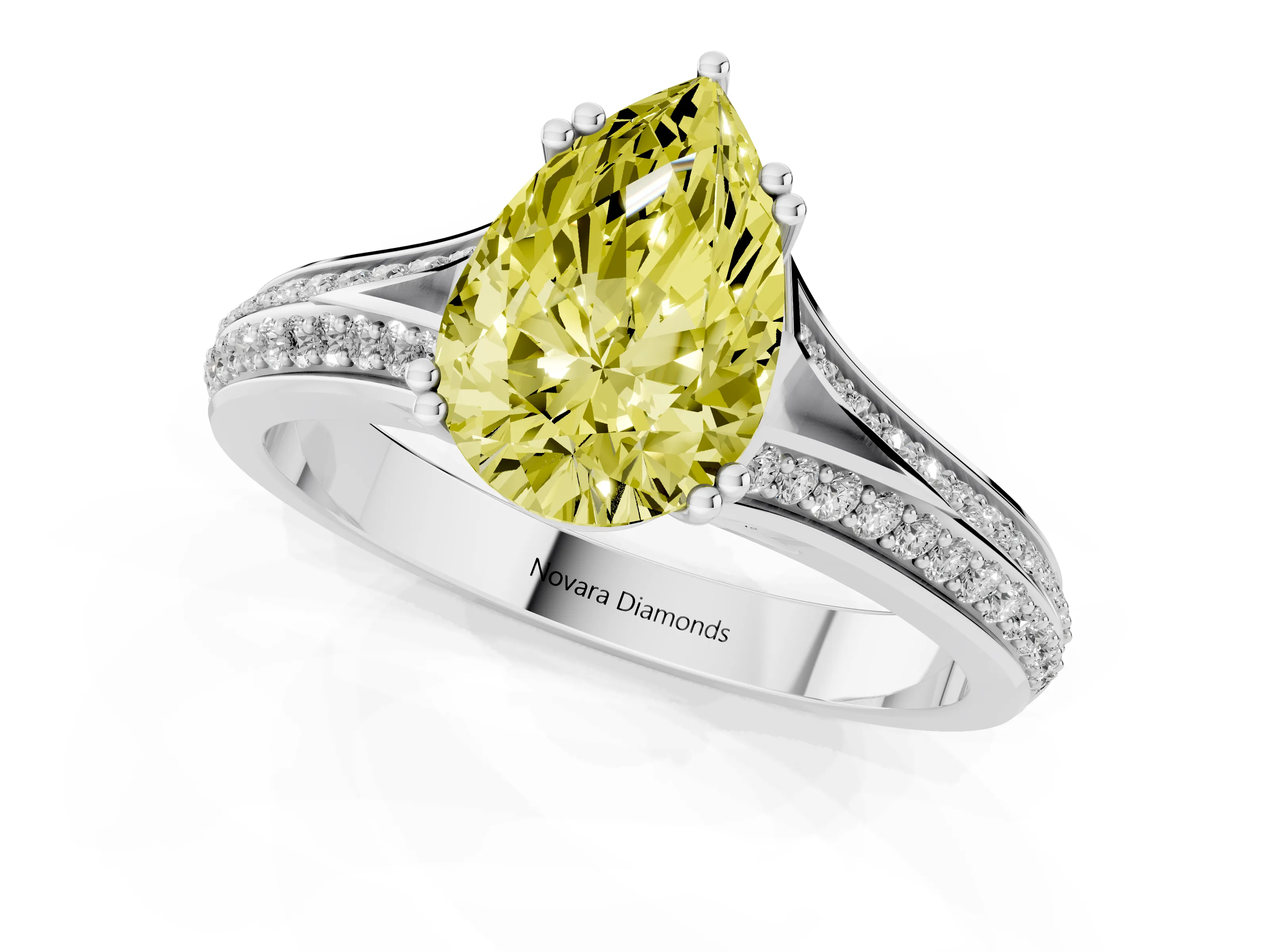 Fancy Yellow Pear Cut Diamond Split Shank Pavé Engagement Ring Set in Silver with Prong-Set Center Stone