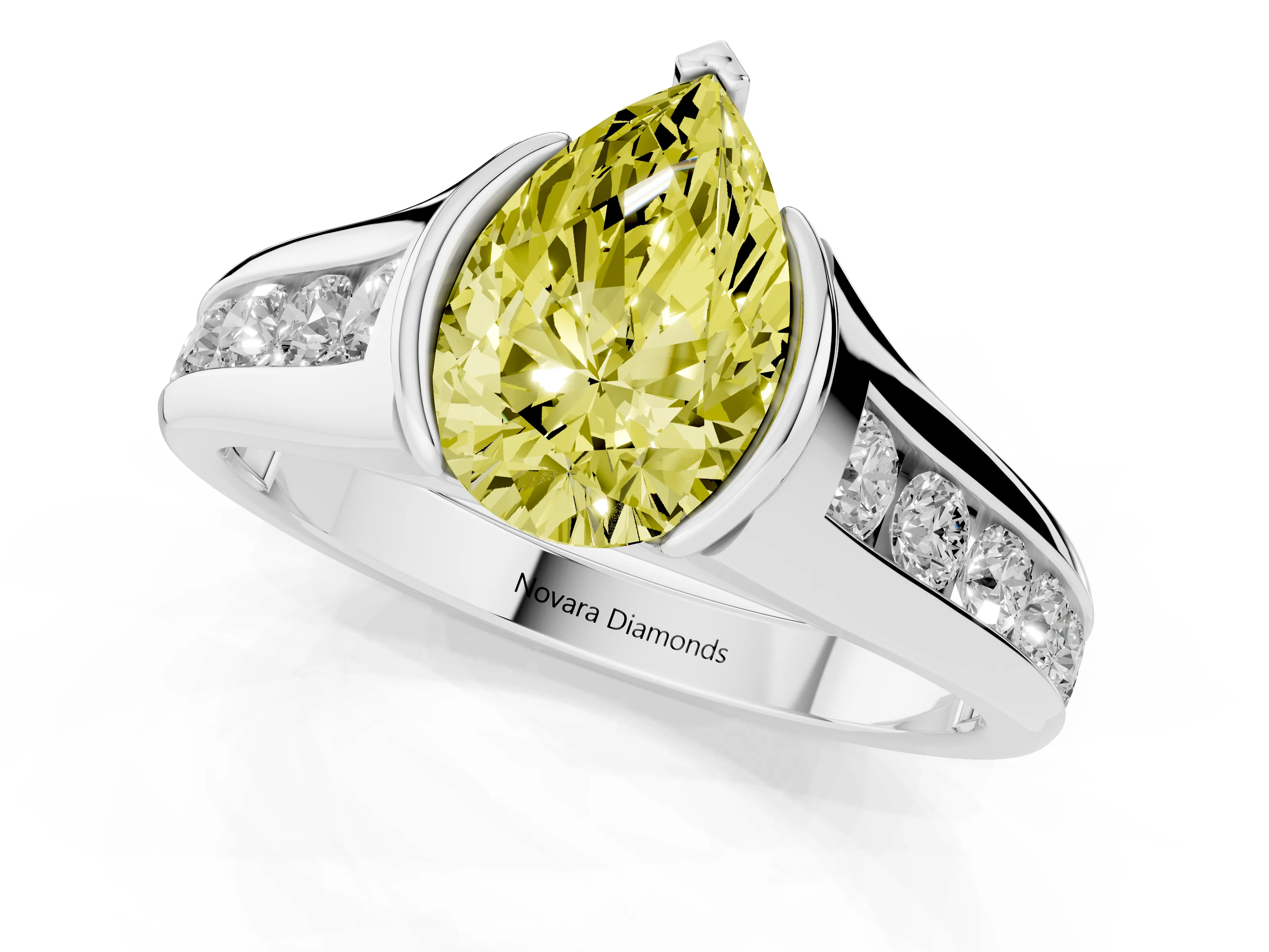 Fancy Yellow Pear Cut Diamond Bezel-Set Solitaire Ring Set in White gold with Channel-Set Band