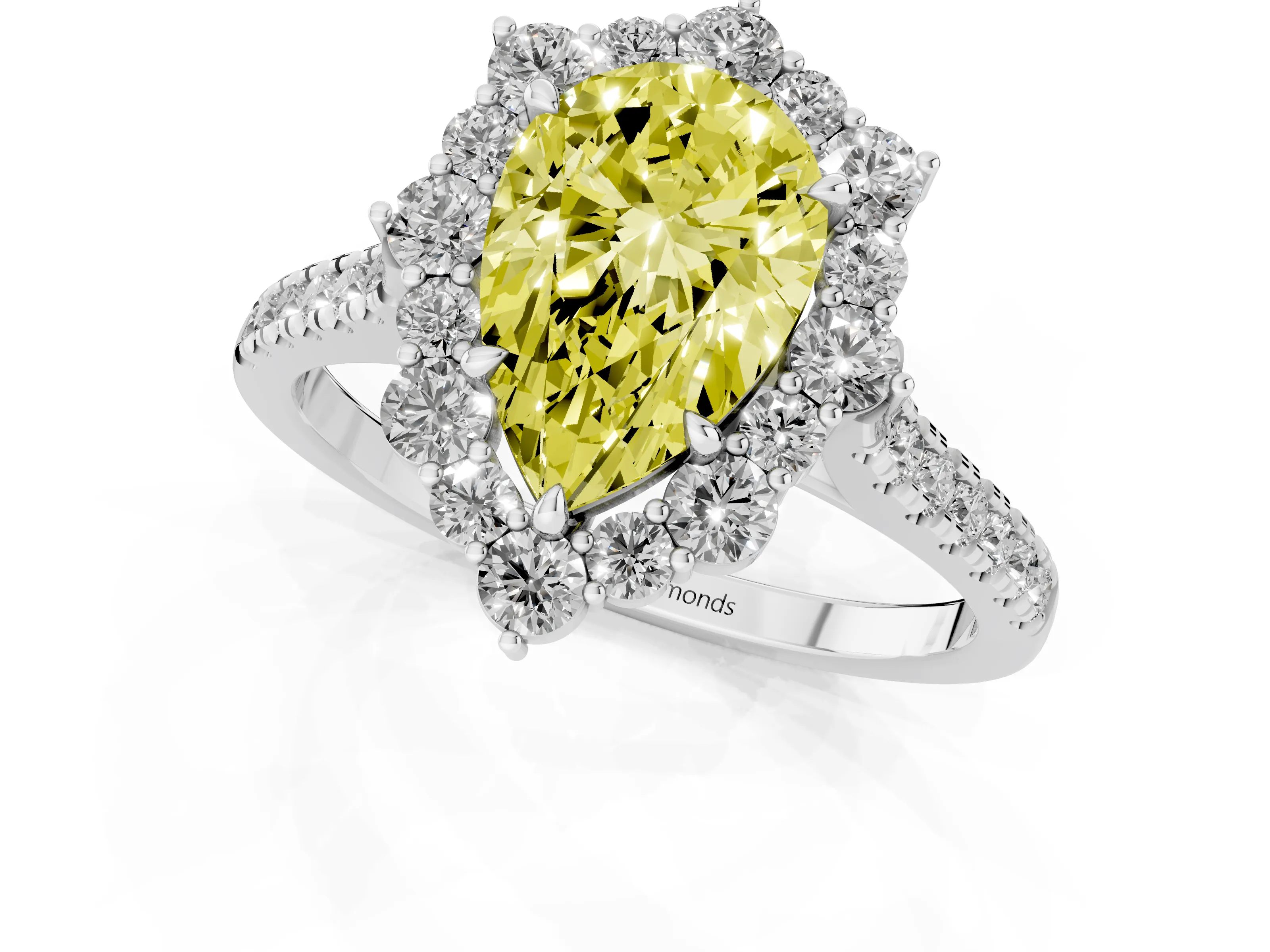 Fancy Yellow Pear Cut Diamond Halo Ring Set in Silver with Pavé Band and Prong Setting