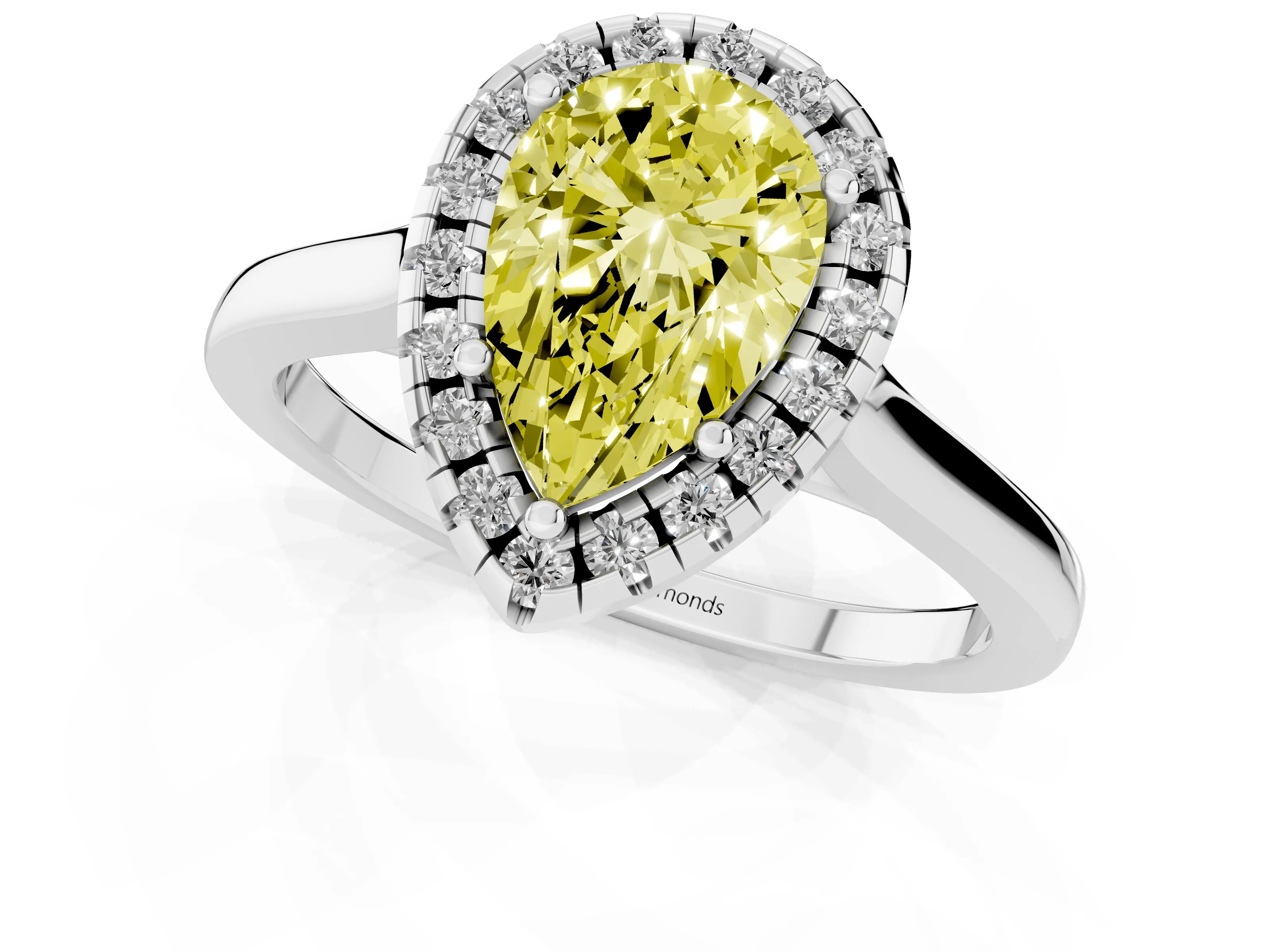Fancy Yellow Pear Cut Halo Round Diamond Solitaire Ring Set in White gold with Pavé Band and Prong Setting