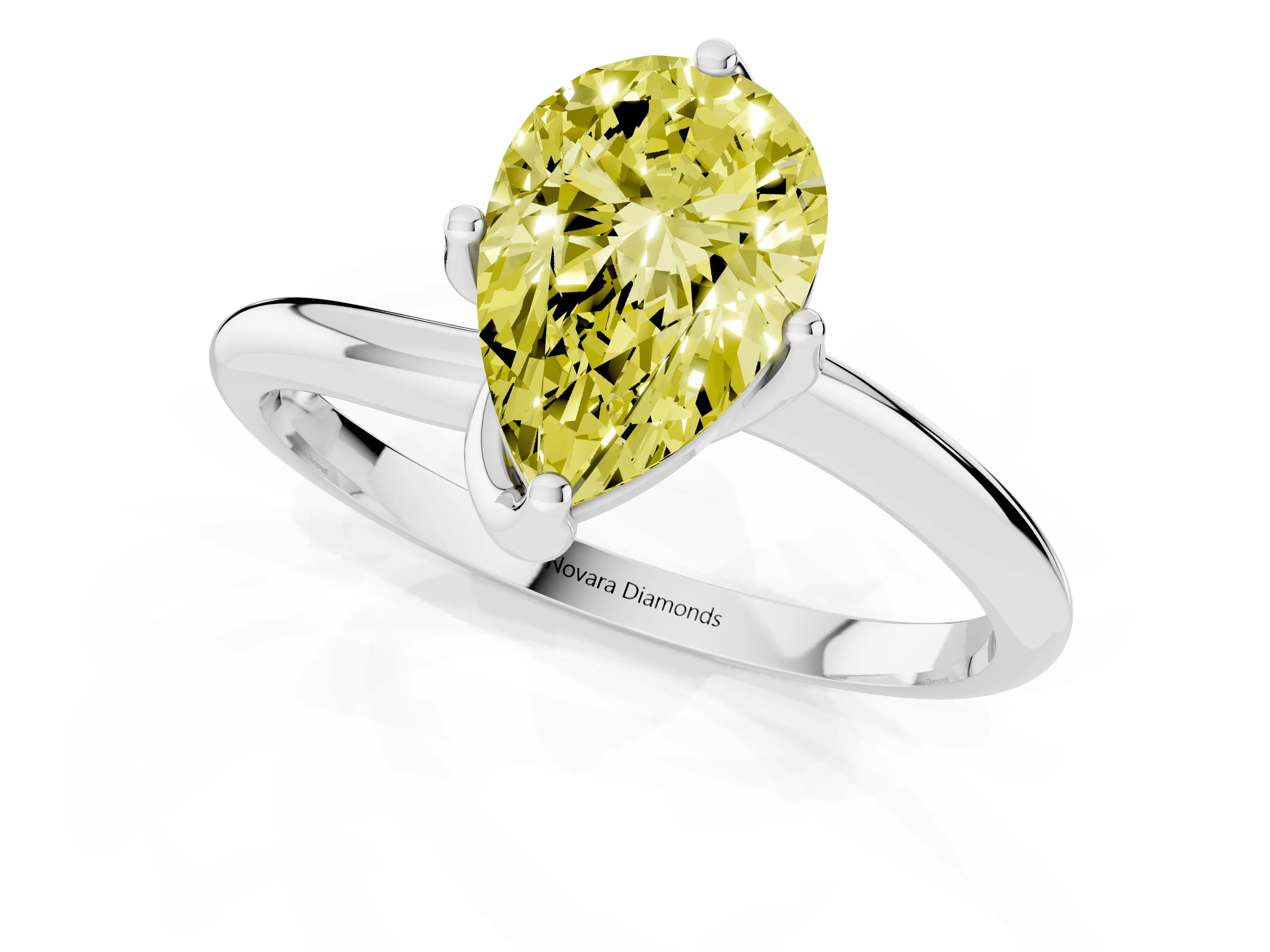 Fancy Yellow Pear Cut Diamond Solitaire Engagement Ring Set in Platinum with Classic Plain Band