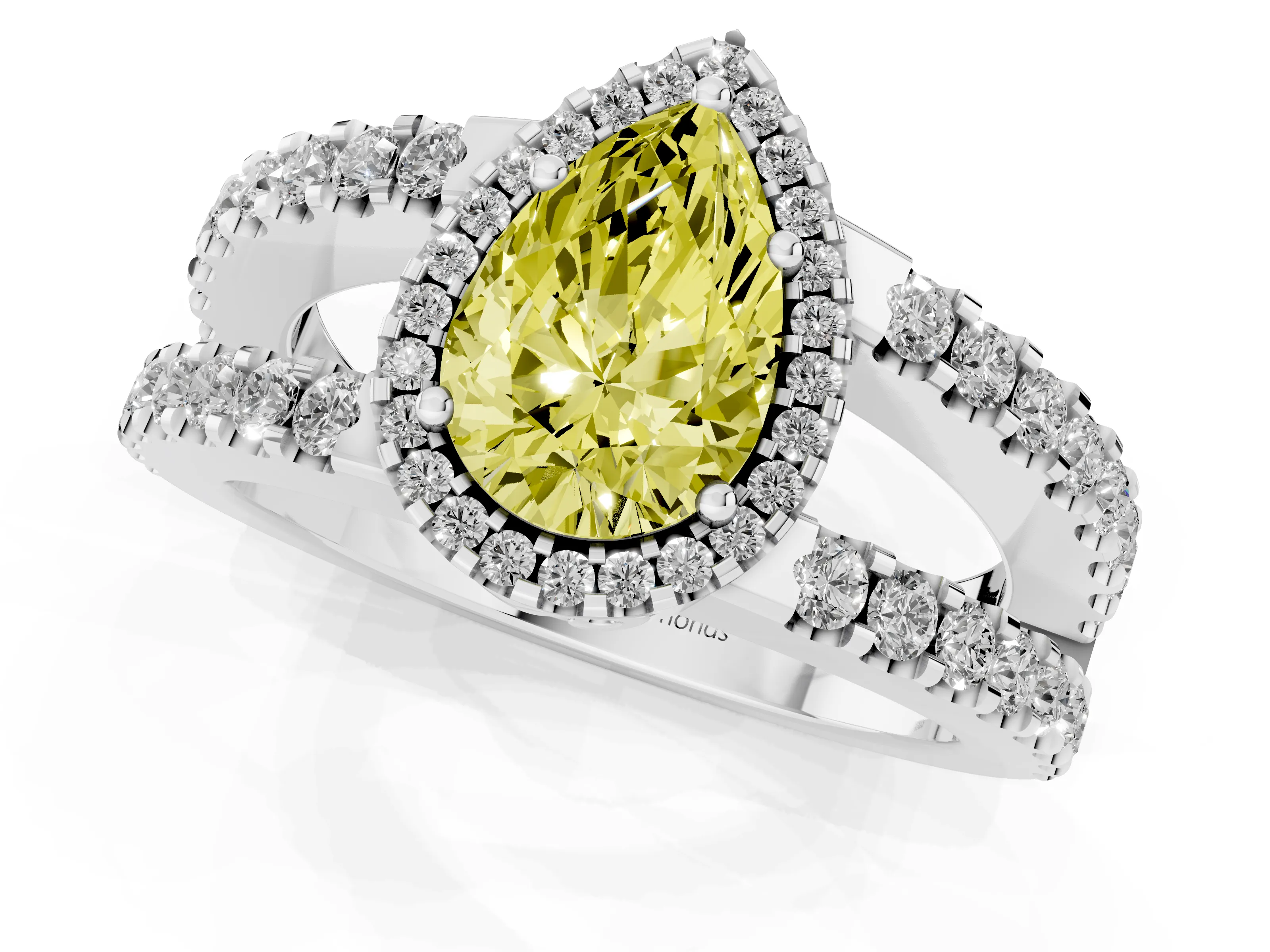 Fancy Yellow Pear Cut Diamond Halo Ring Set in White gold with Pavé Split Shank and Prong Setting