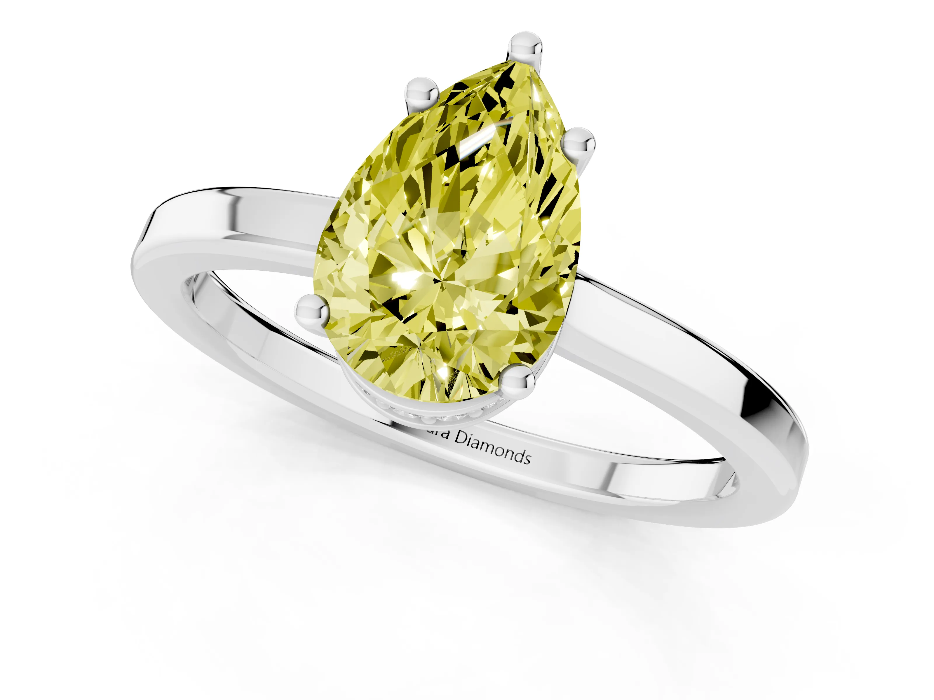 Fancy Yellow Pear Cut Diamond Solitaire Engagement Ring Set in White gold with Prong Setting on a Plain Band