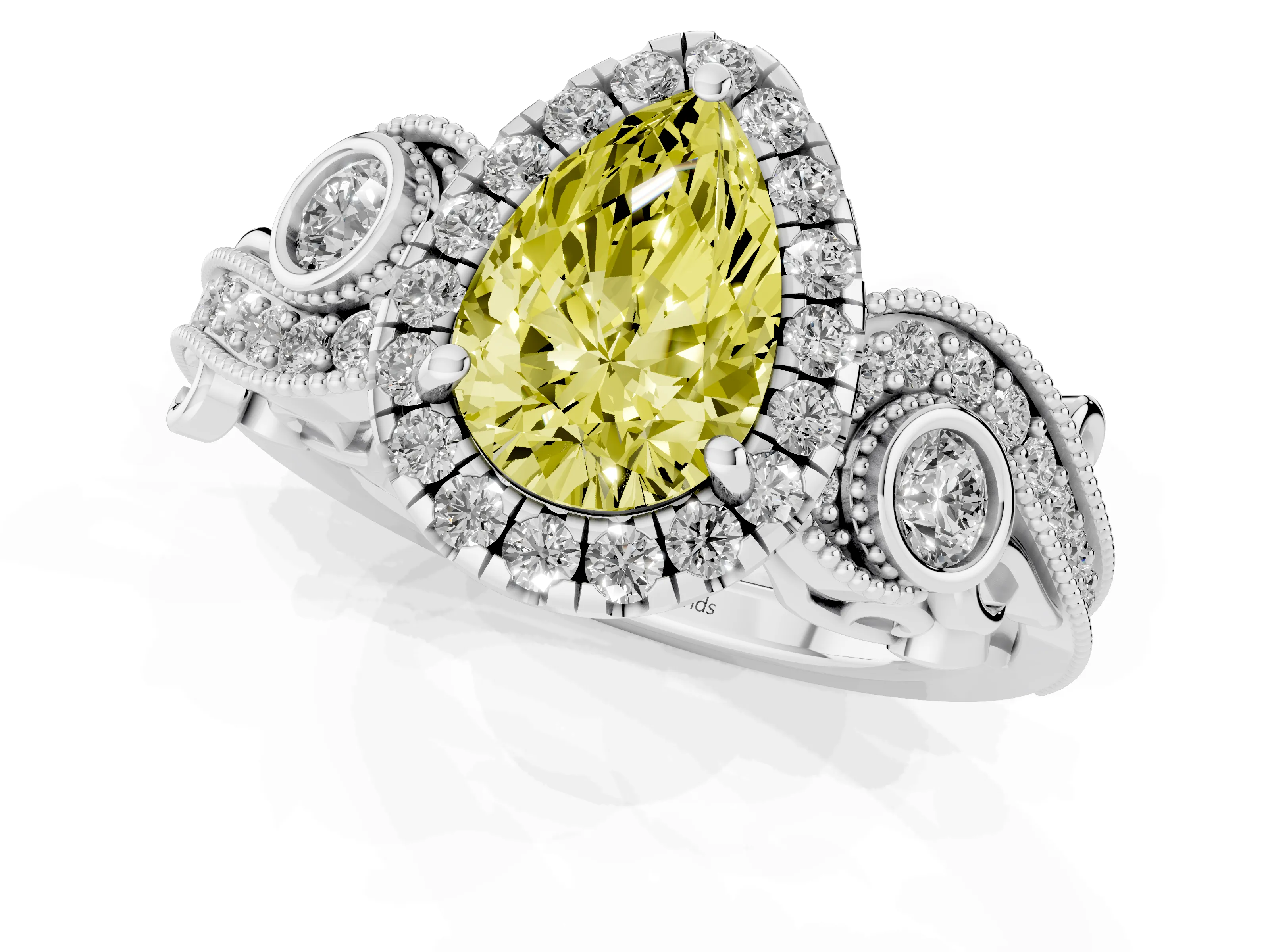 Fancy Yellow Pear Cut Diamond Halo Ring Set in Platinum with Milgrain Pavé Band and Prong Setting