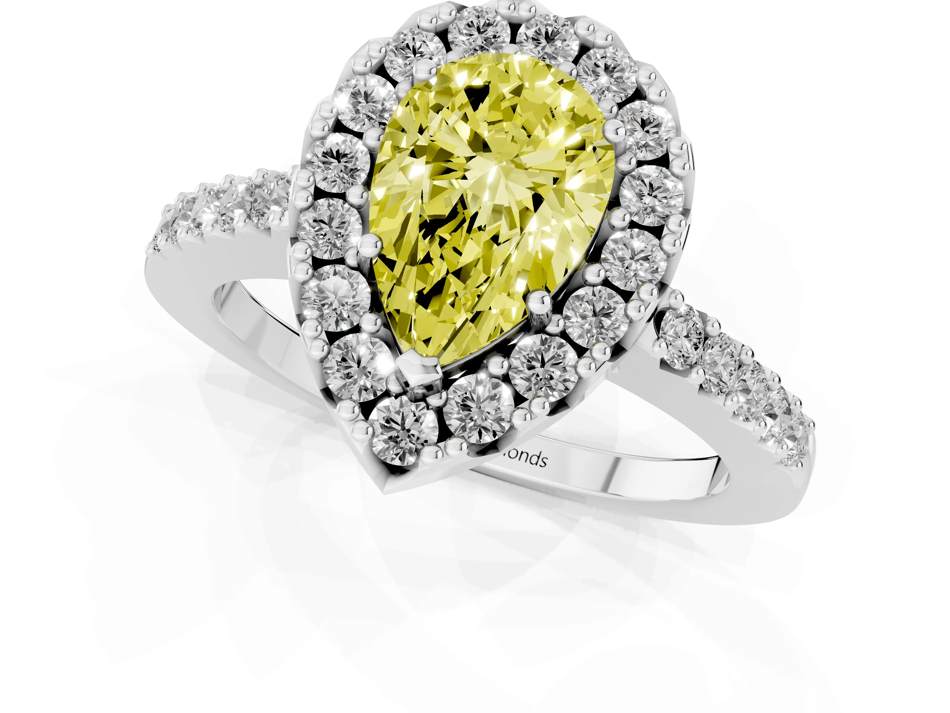 Fancy Yellow Pear Cut Diamond Halo Pavé Solitaire Ring Set in Platinum with Prong-Set Center Stone