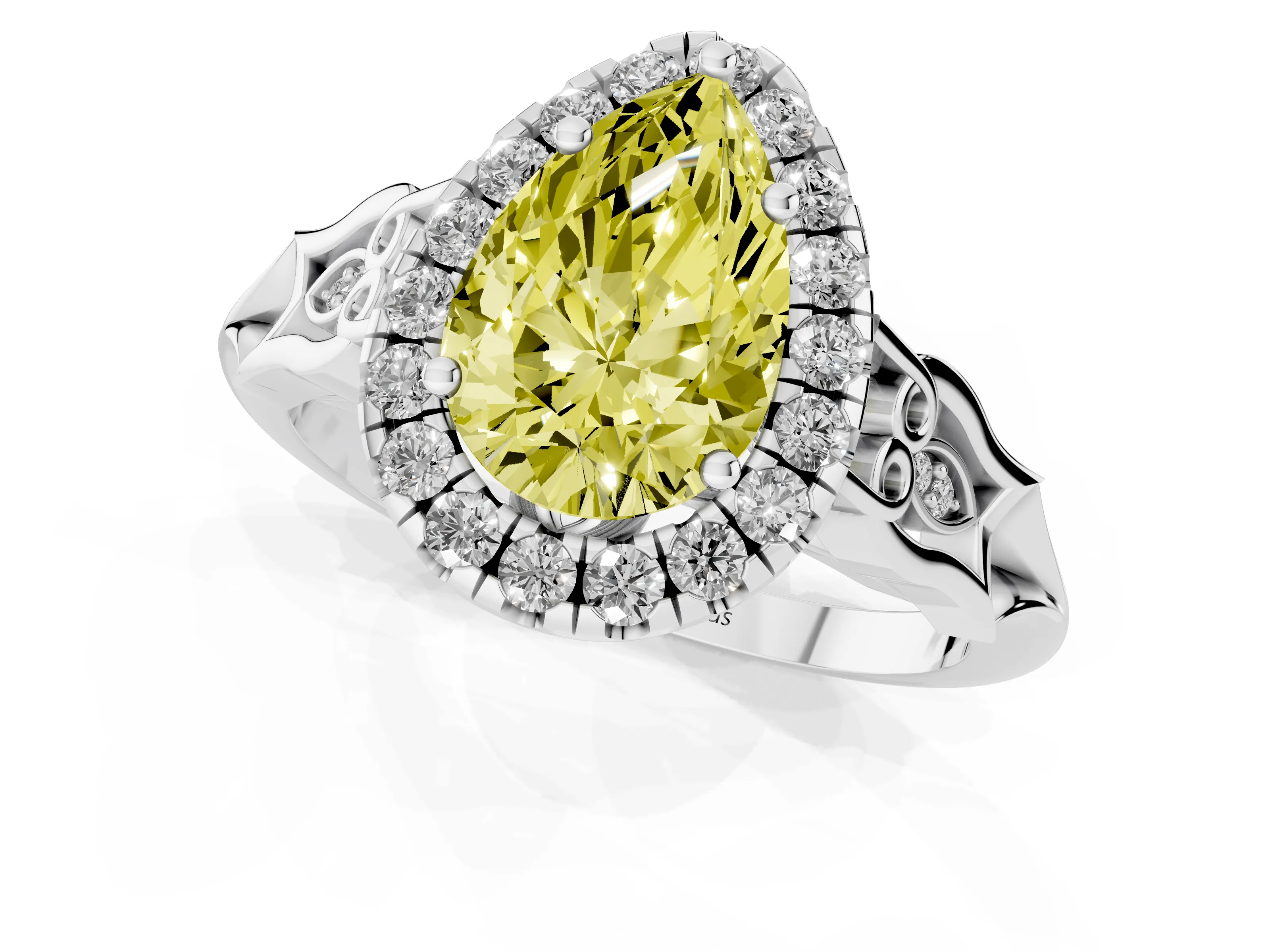 Fancy Yellow Pear Cut Diamond Halo Engagement Ring Set in Platinum with Filigree Band and Prong-Set Center