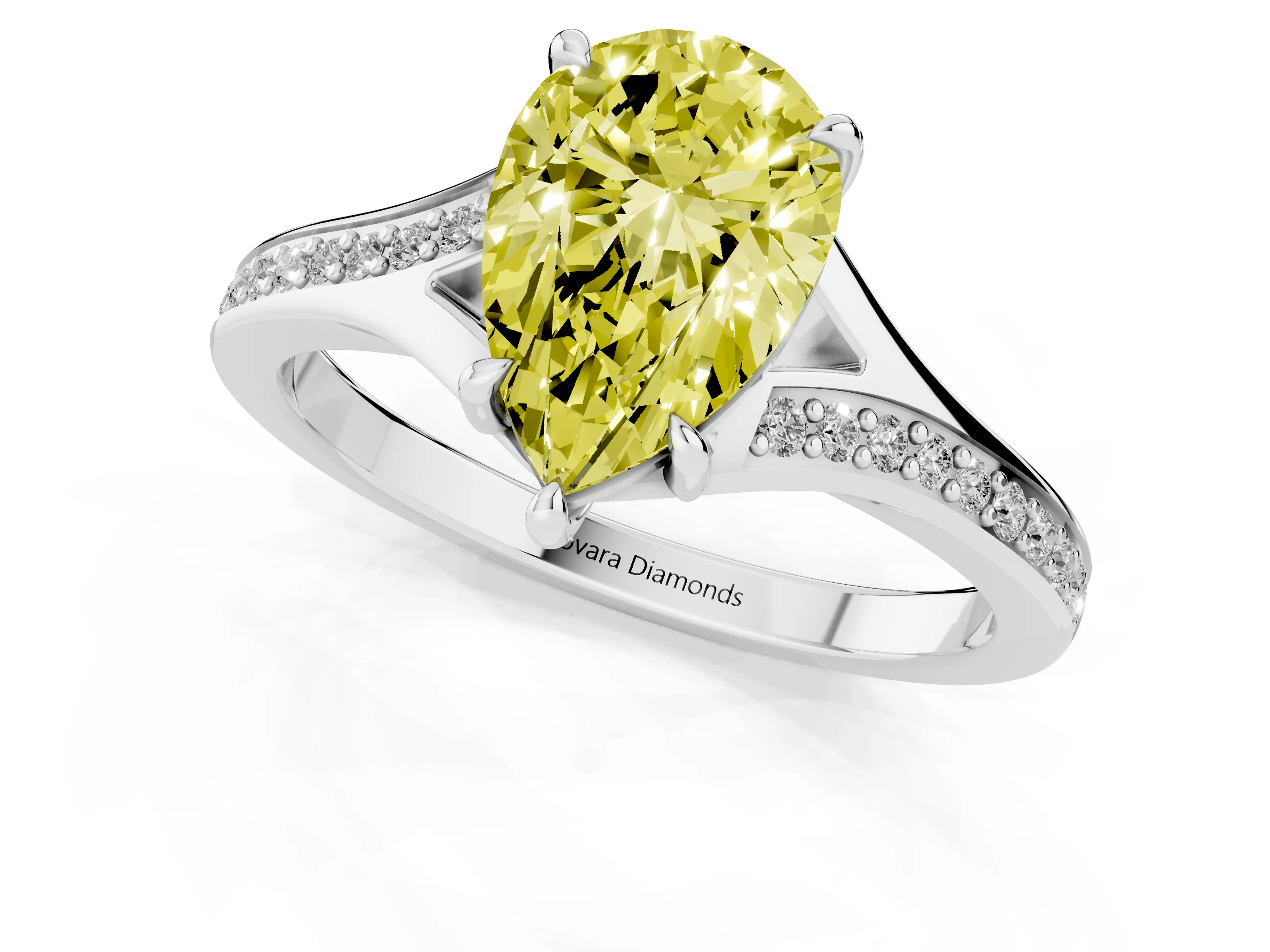 Fancy Yellow Pear Cut Diamond Solitaire Ring Set in White gold with Pavé Accent Band and Classic Prong Setting
