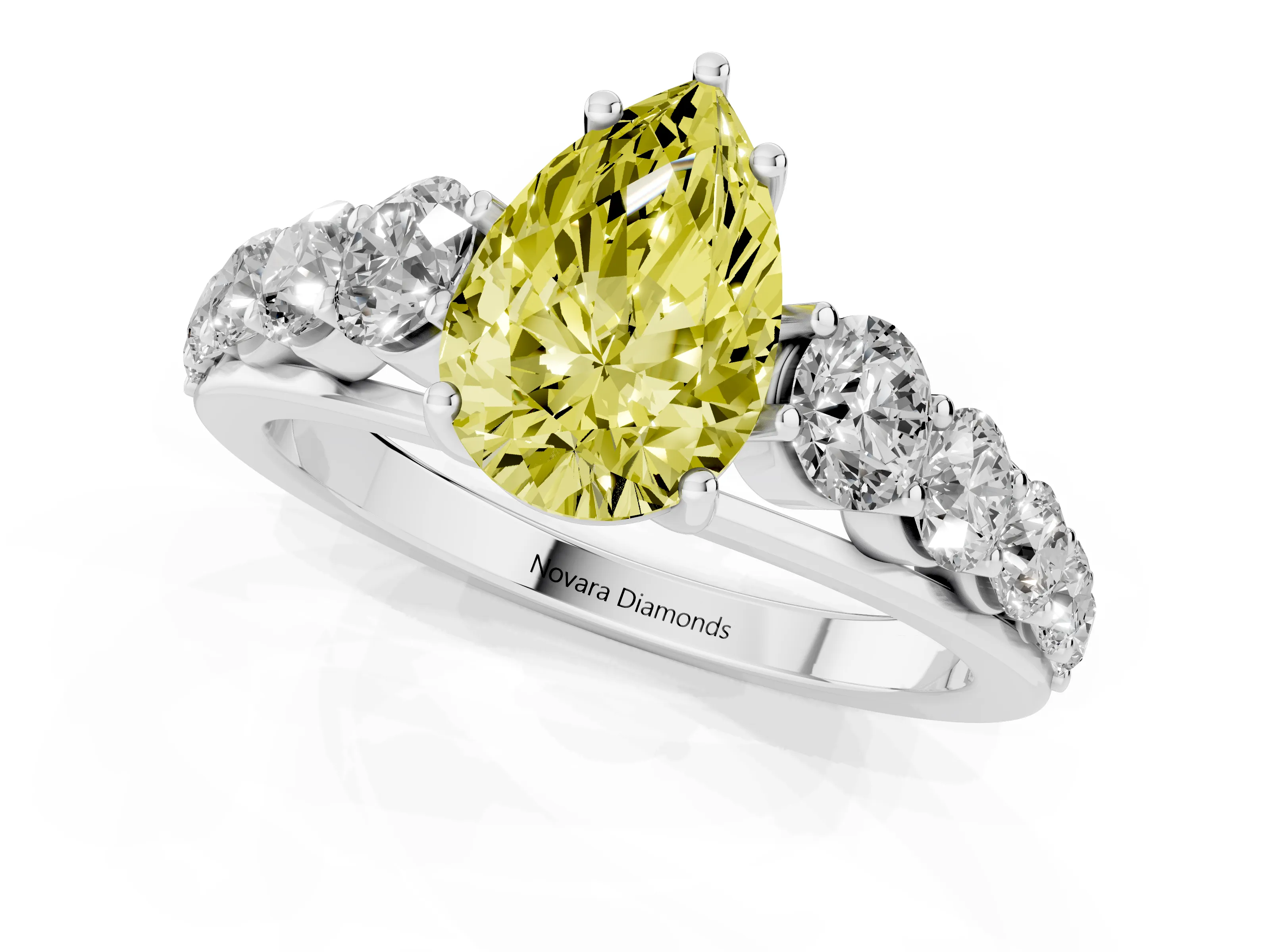 Fancy Yellow Pear Cut Diamond Solitaire Ring Set in Silver with Pavé-Set Band and Prong Setting