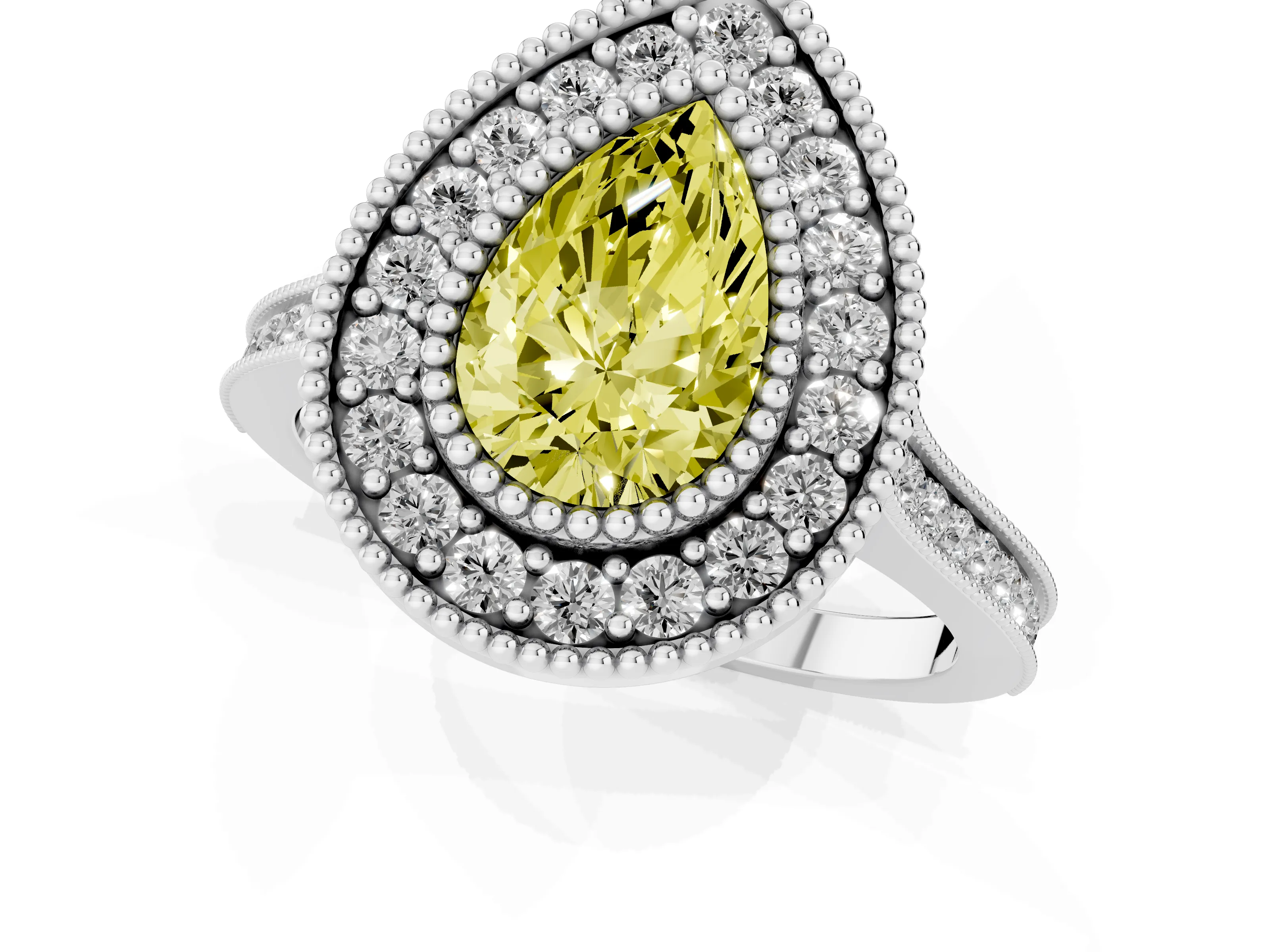 Fancy Yellow Pear Cut Diamond Halo Ring Set in White gold with Milgrain Frame and Pavé Band