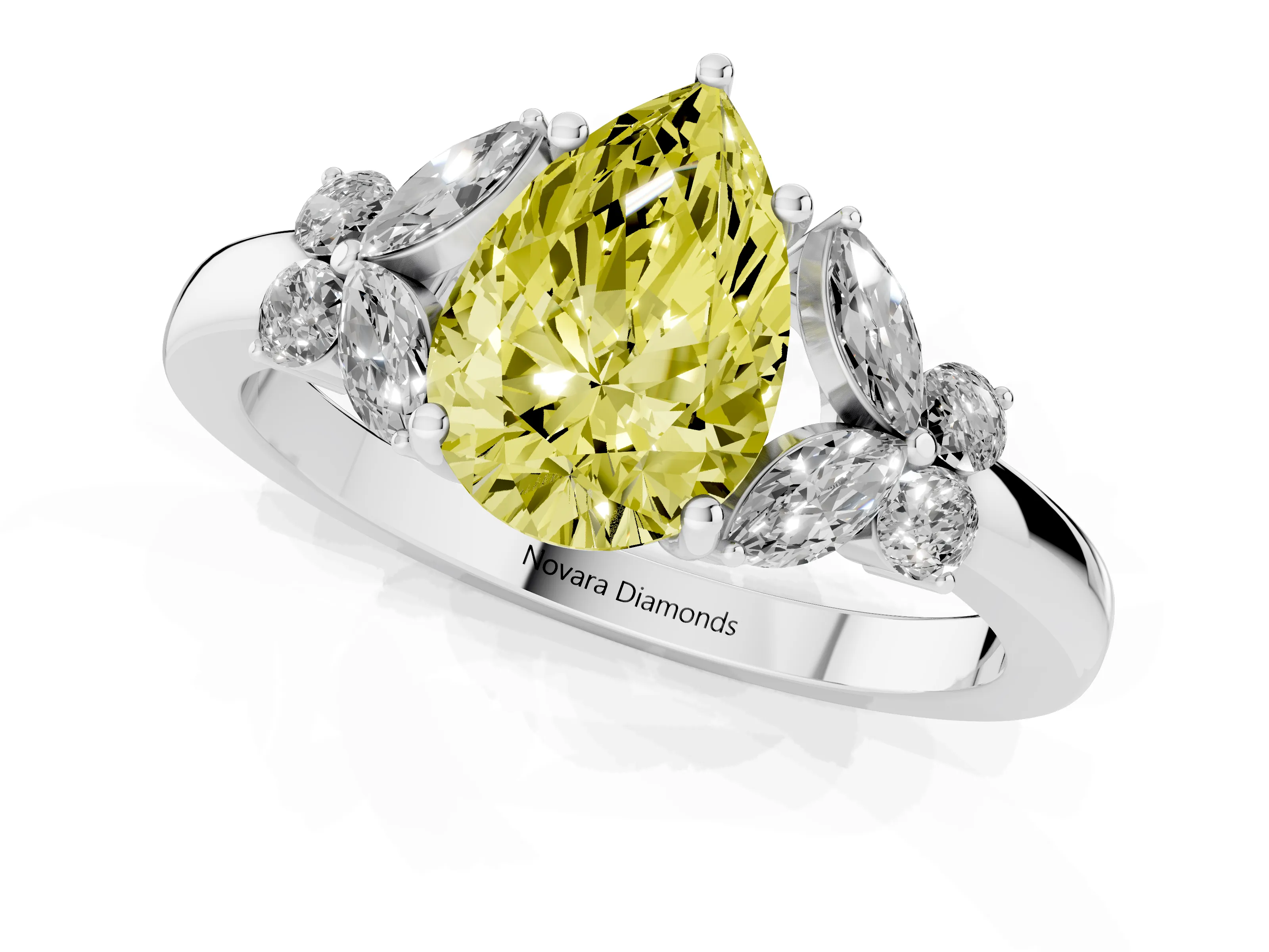 Fancy Yellow Pear Cut Diamond Solitaire Floral Ring Set in Silver with Marquise Petals and Prong Setting