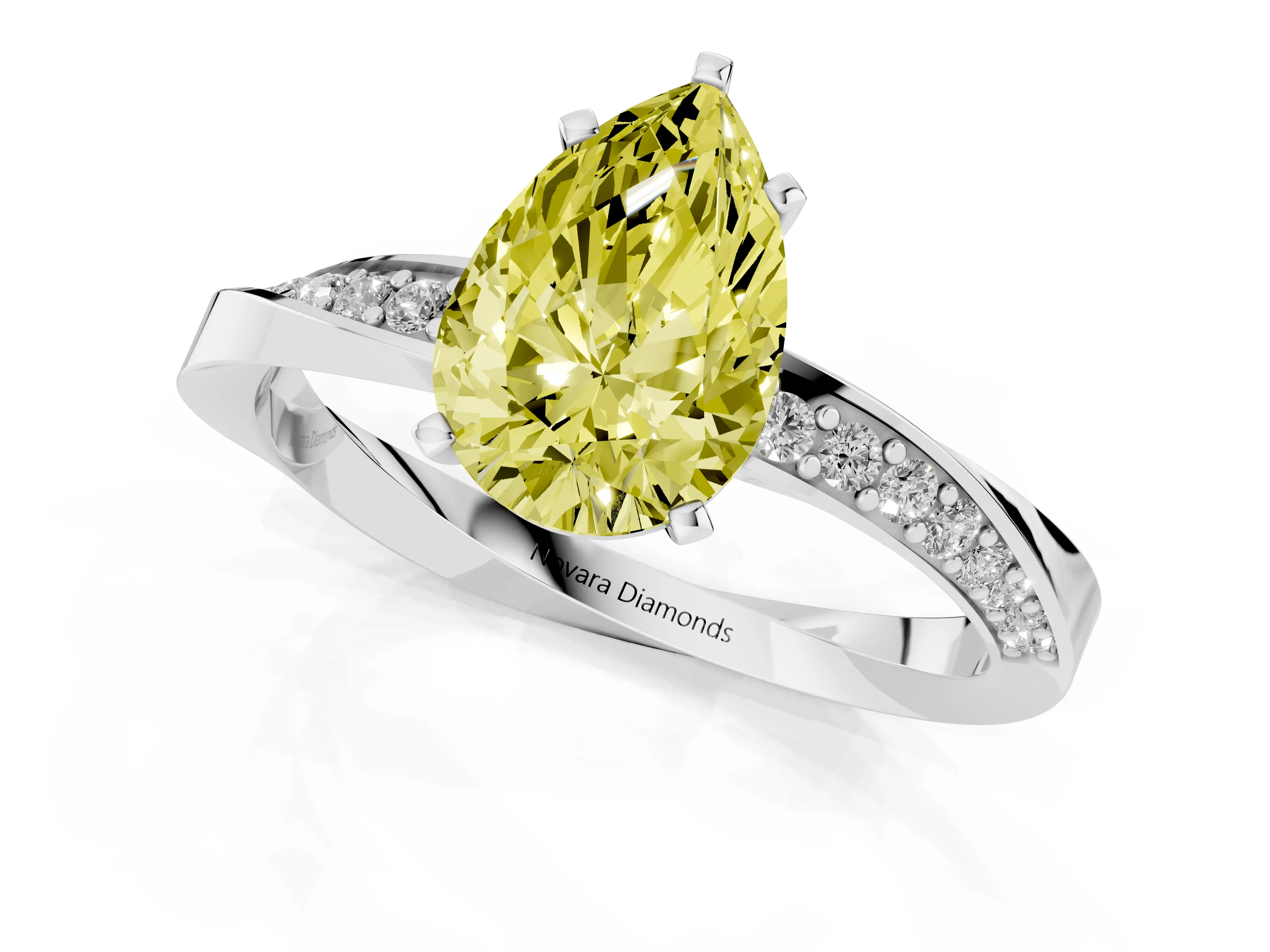 Fancy Yellow Pear Cut Diamond Engagement Ring Set in Silver with Side Stone Accents and Prong Setting