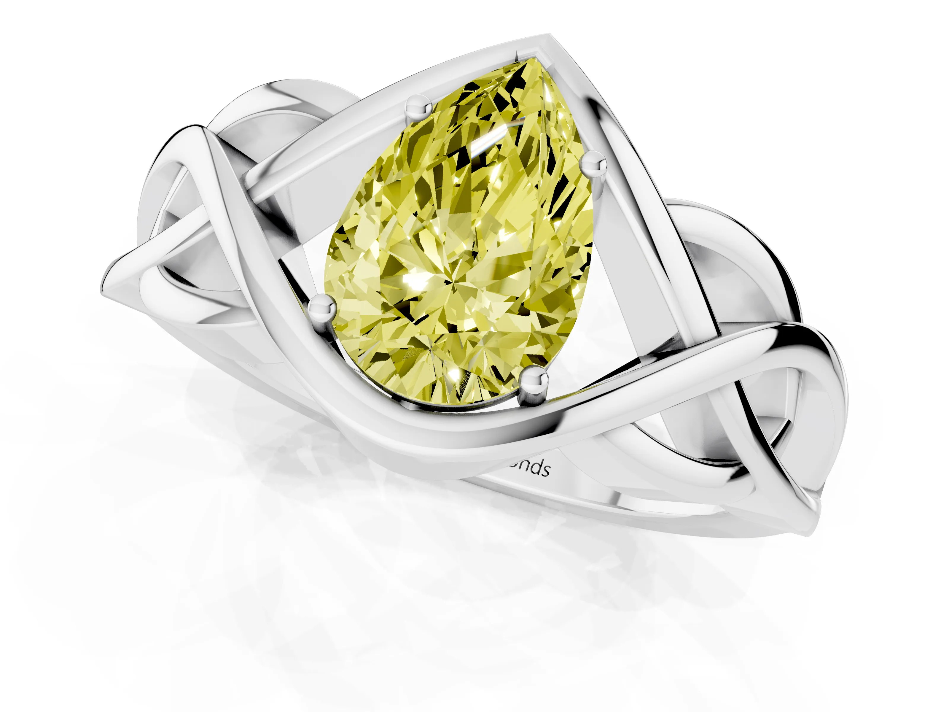 Fancy Yellow Pear Cut Diamond Solitaire Ring Set in Platinum with Intertwined Band