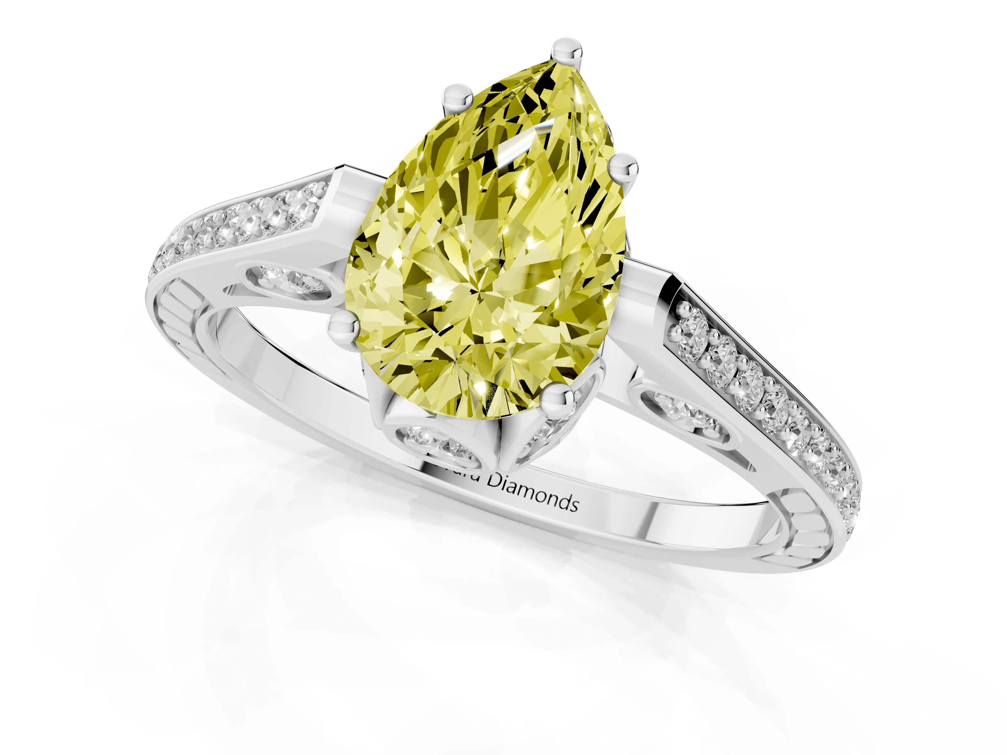 Fancy Yellow Pear Cut Diamond Cathedral Pavé Engagement Ring Set in White gold with Prong Setting