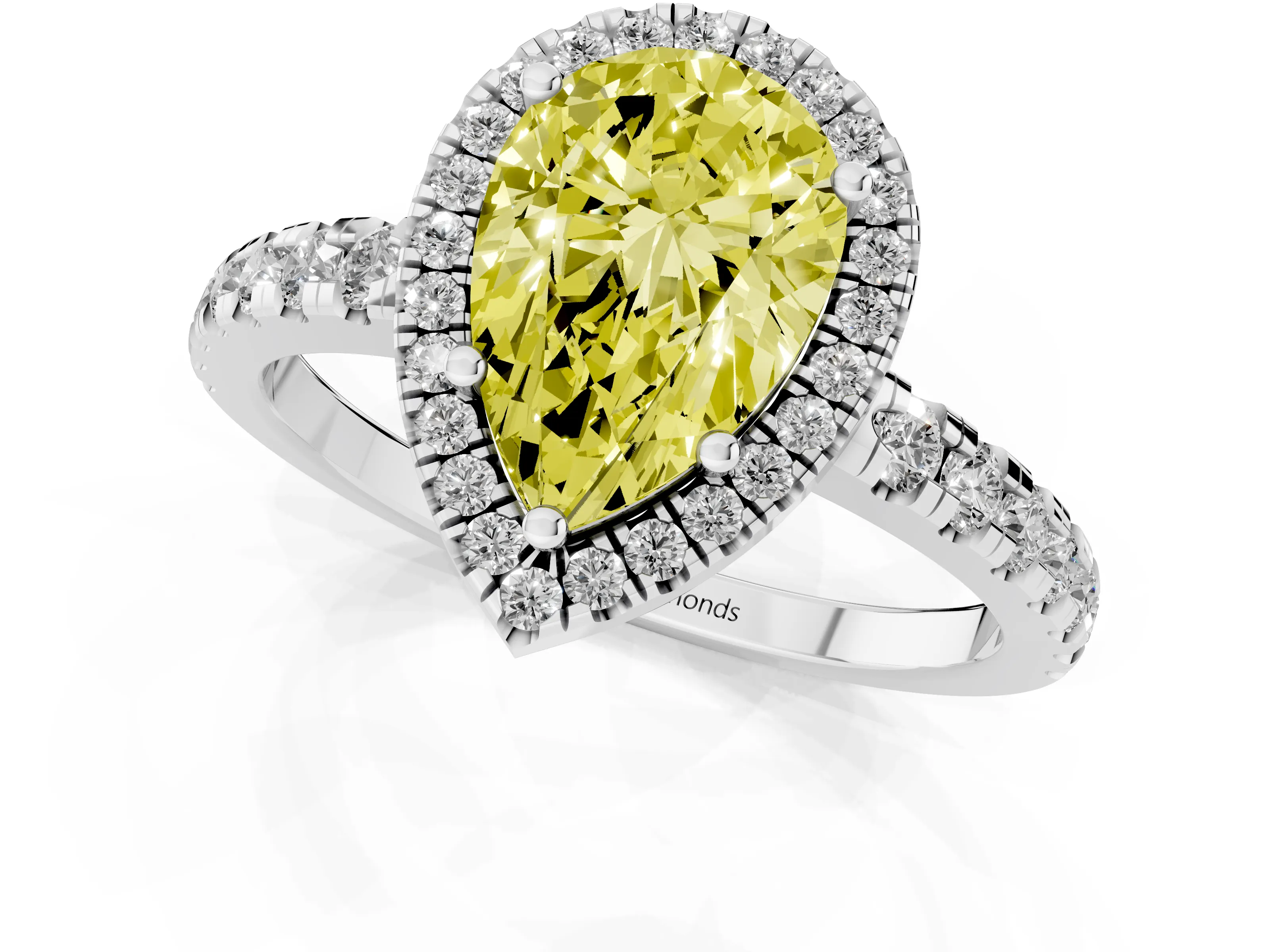 Fancy Yellow Pear Cut Diamond Halo Ring Set in Platinum with Delicate Pavé Band and Prong Setting