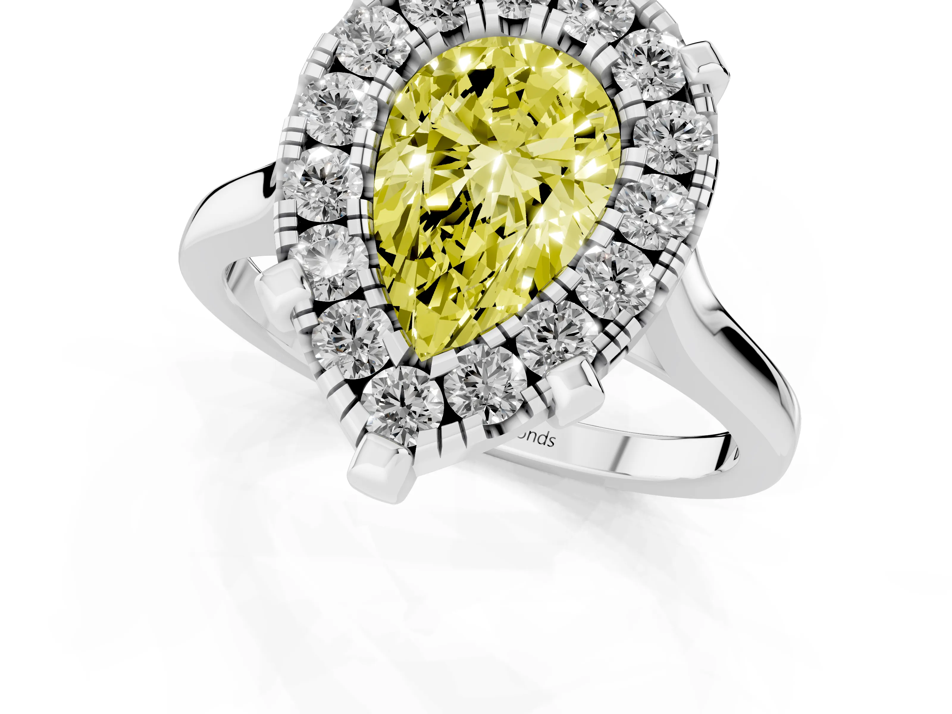 Fancy Yellow Pear Cut Diamond Cluster Halo Solitaire Ring Set in Silver with Prong Setting