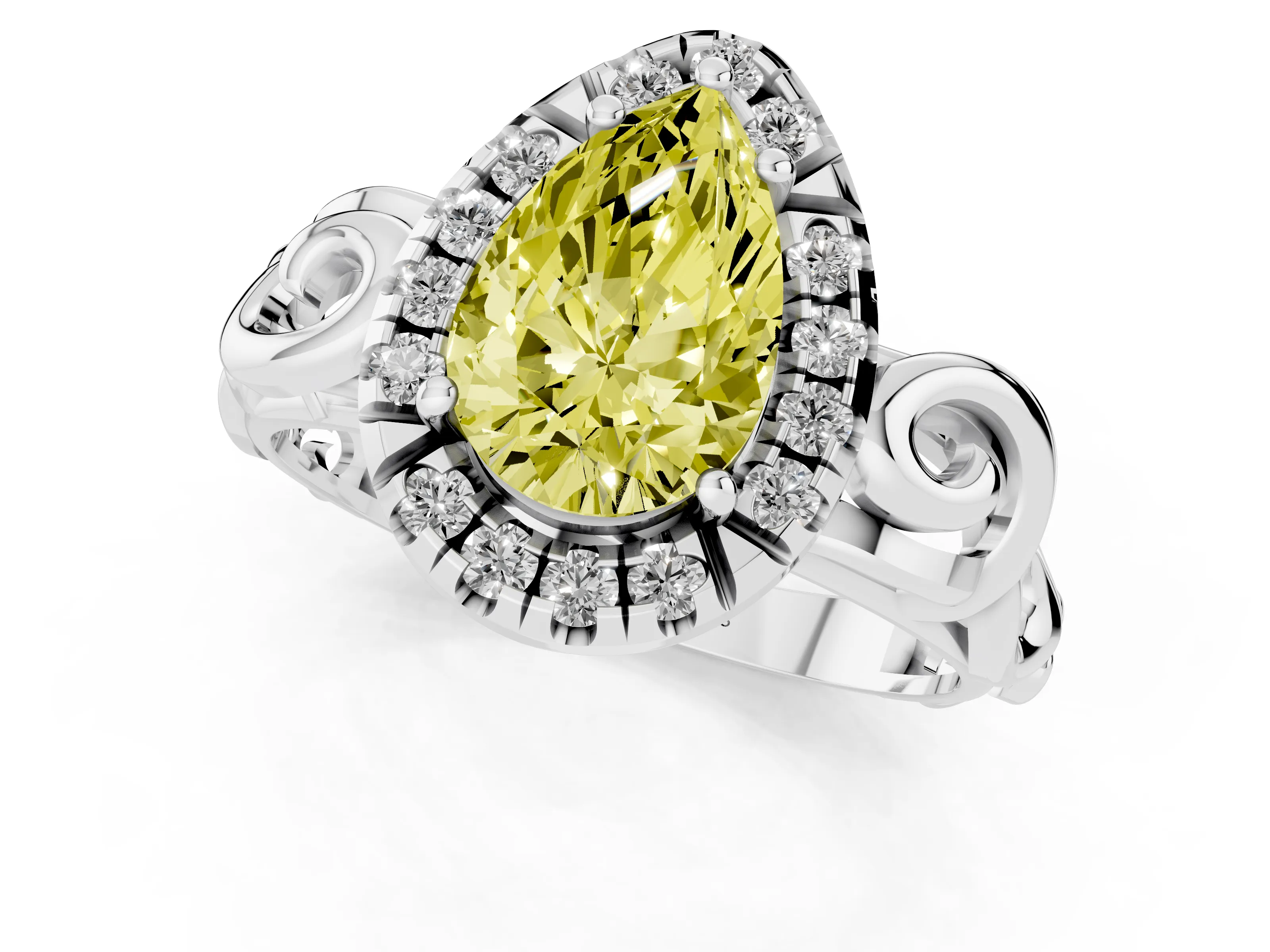 Fancy Yellow Pear Cut Diamond Halo Ring Set in Platinum with Scrollwork Band and Prong Setting