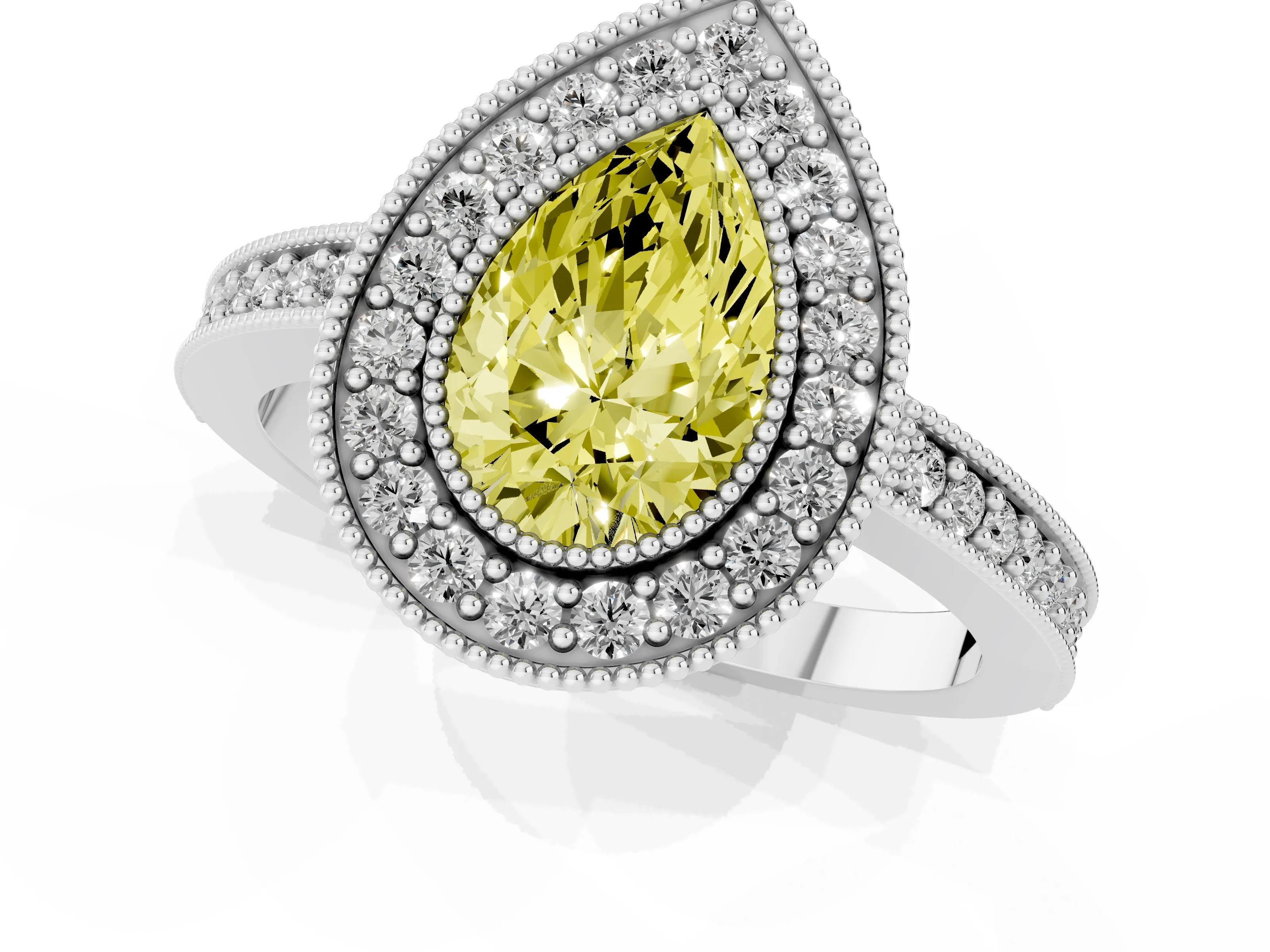 Fancy Yellow Pear Cut Diamond Halo Engagement Ring Set in White gold with Pavé Band and Round Halo Stones