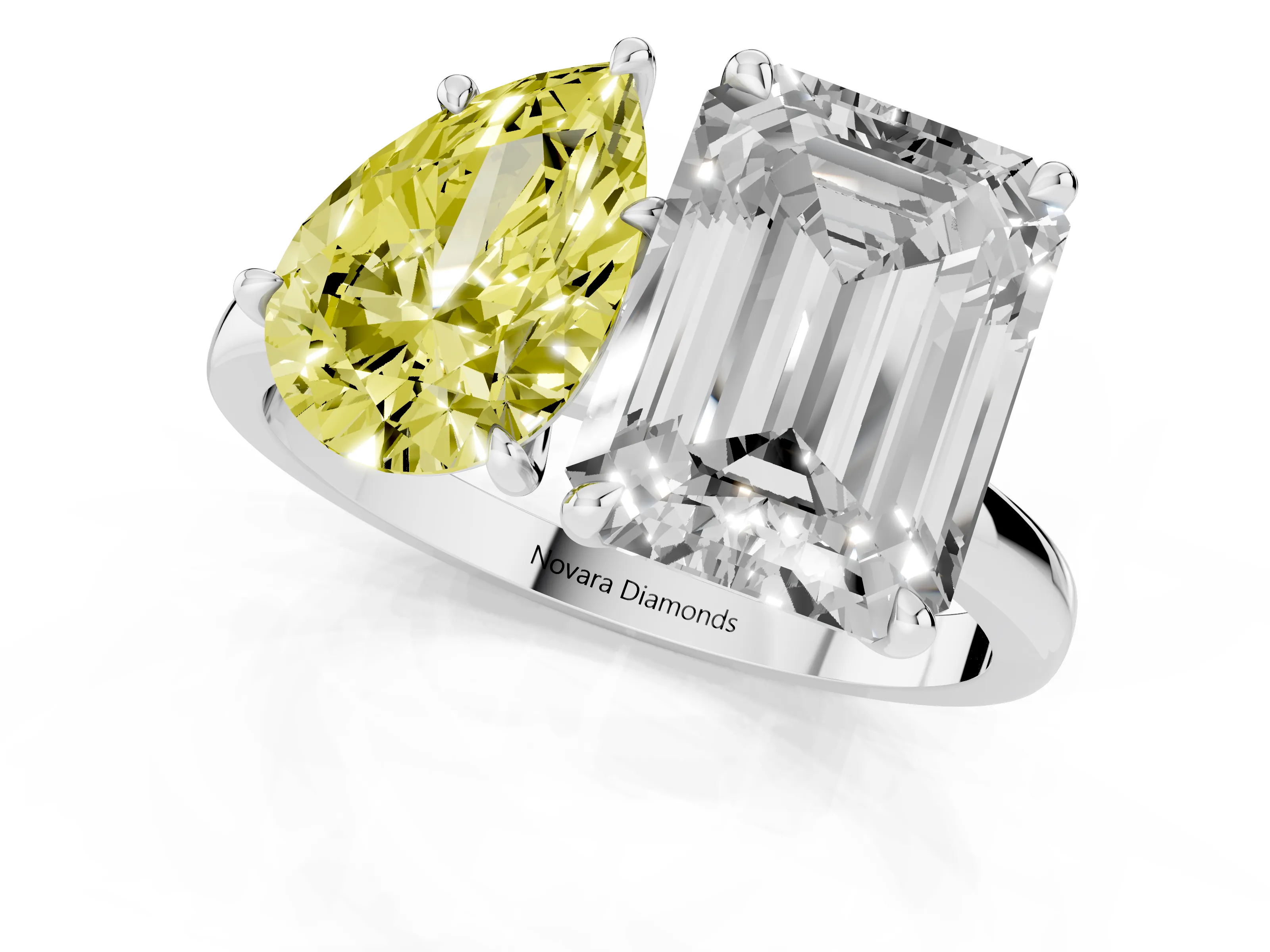 Fancy Yellow Pear Cut and Emerald Cut Toi Moi Ring Set in White gold with Prong Setting