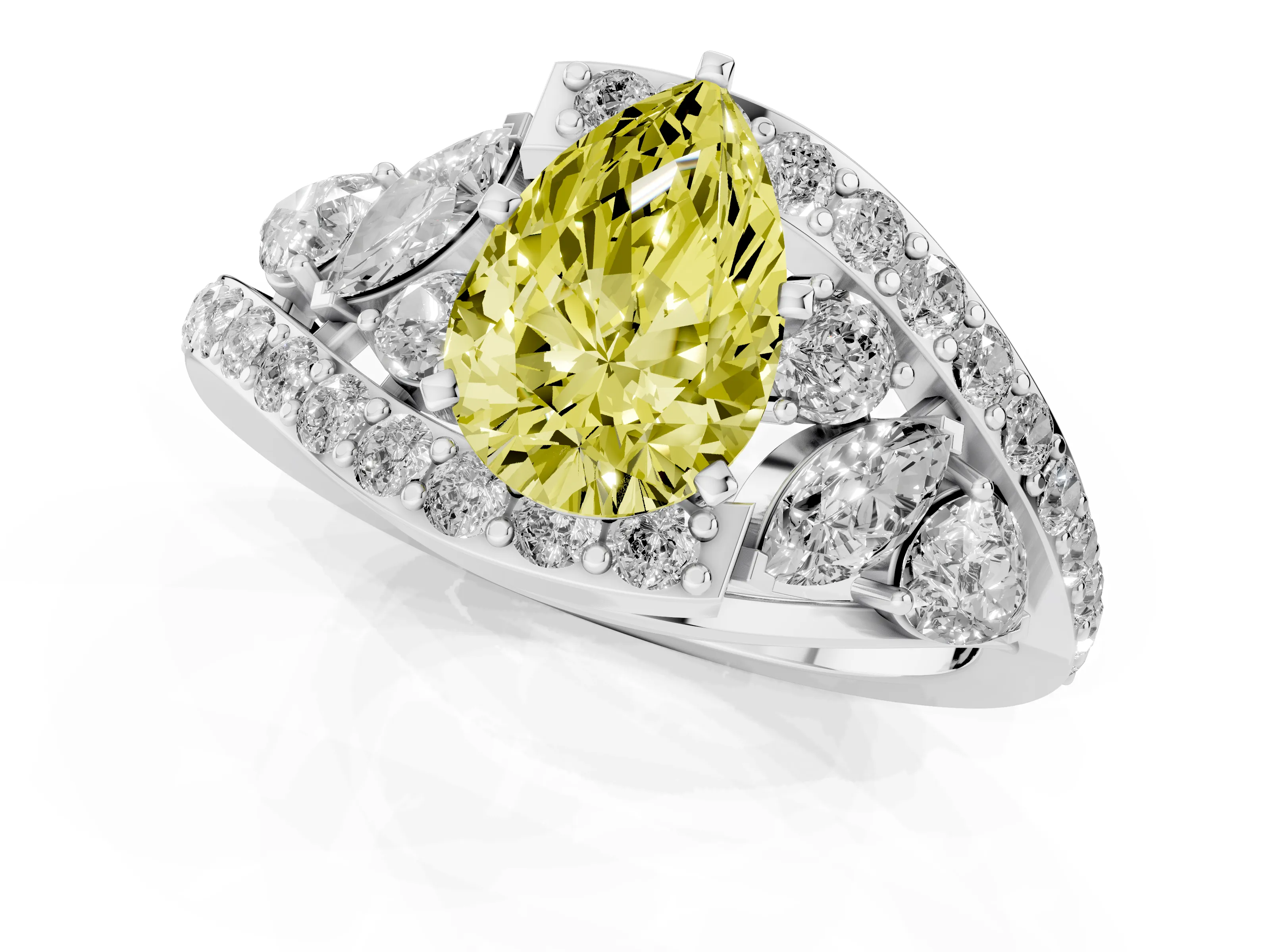 Fancy Yellow Pear Cut Diamond Halo Ring Set in Platinum with Marquise and Pavé Band in Prong Setting