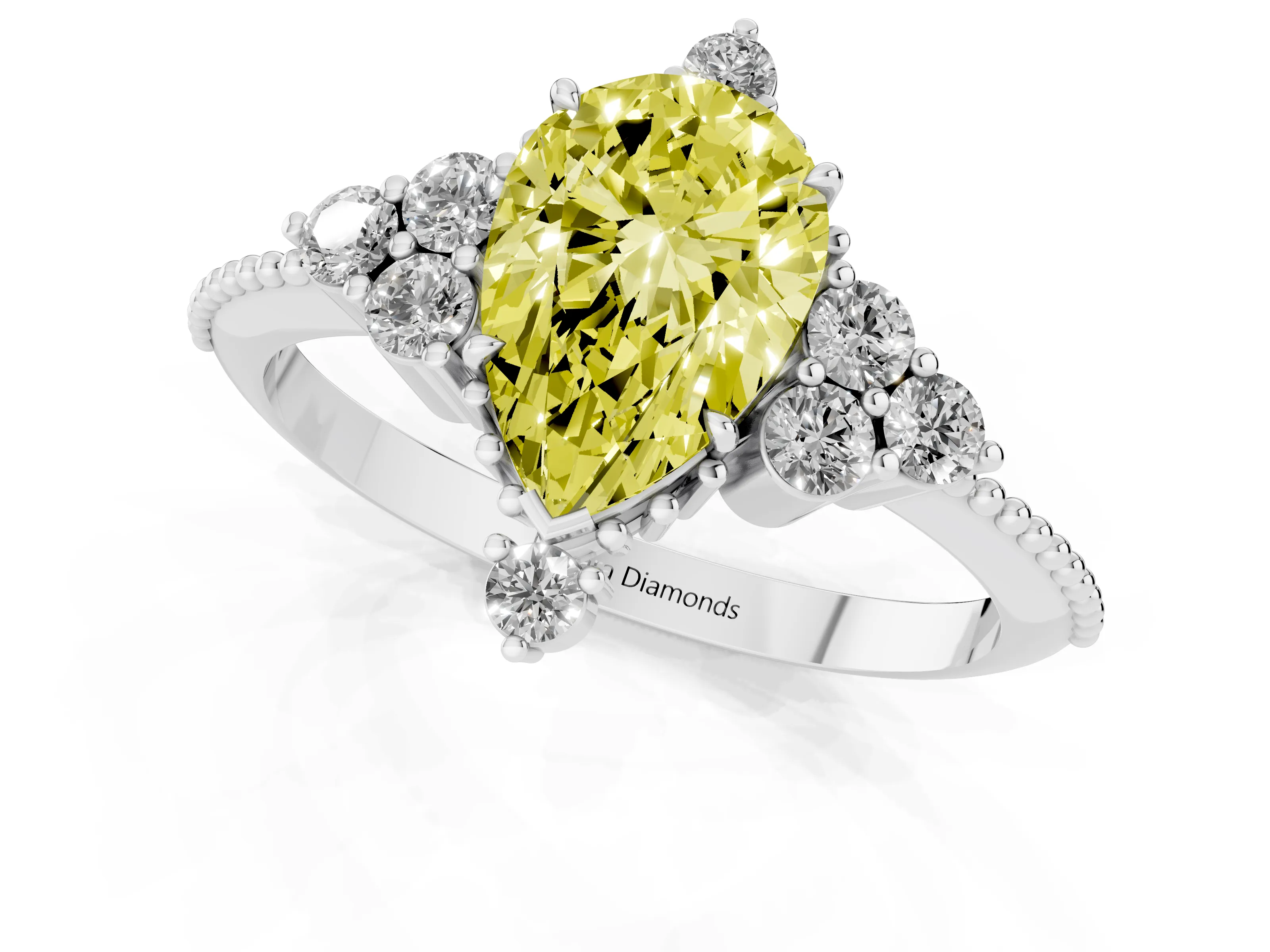 Fancy Yellow Pear Cut Diamond Cluster Ring Set in Silver with Beaded Band