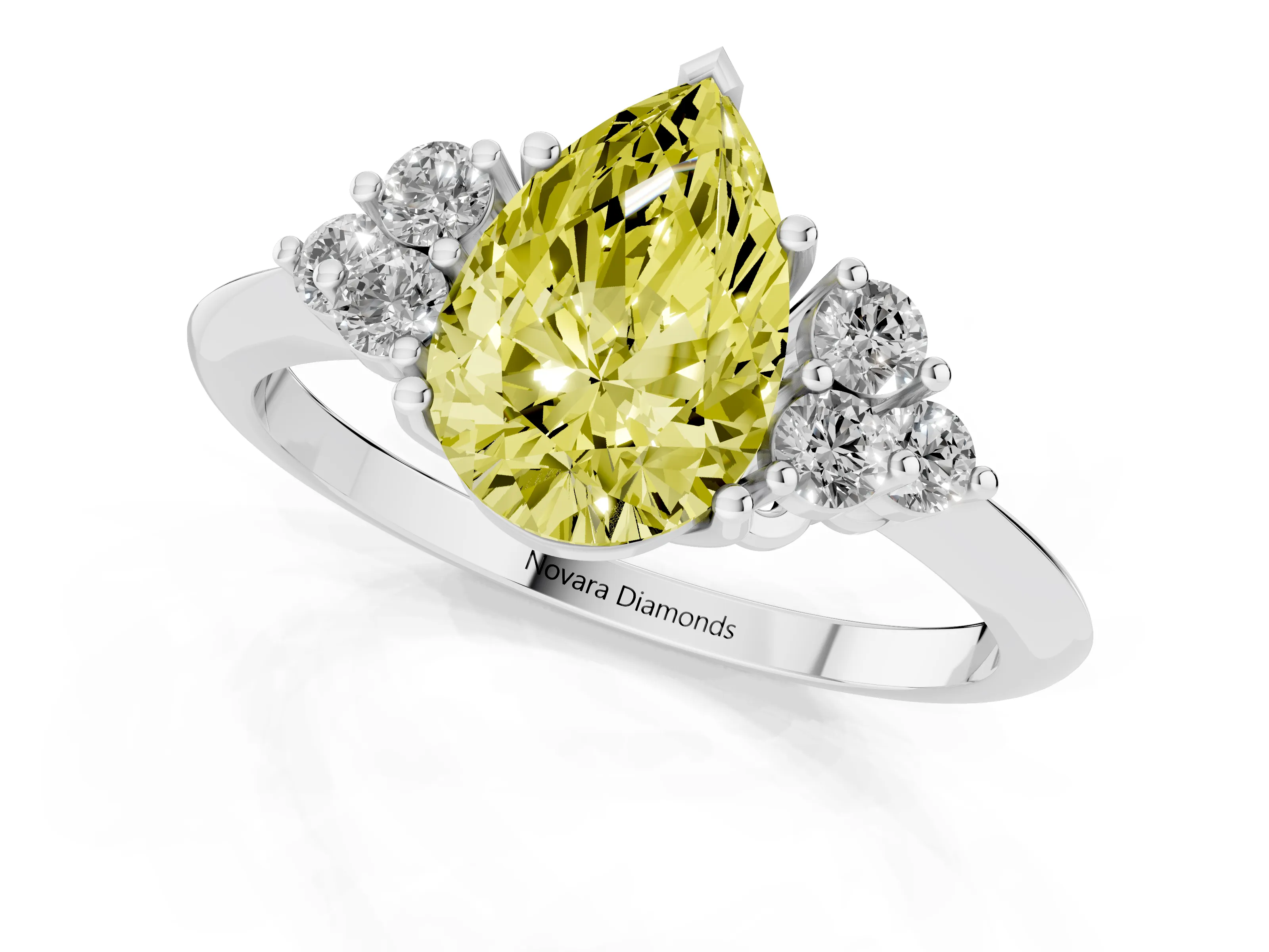Fancy Yellow Pear Cut Diamond Cluster Ring Set in Platinum with Plain Band and Prong Setting