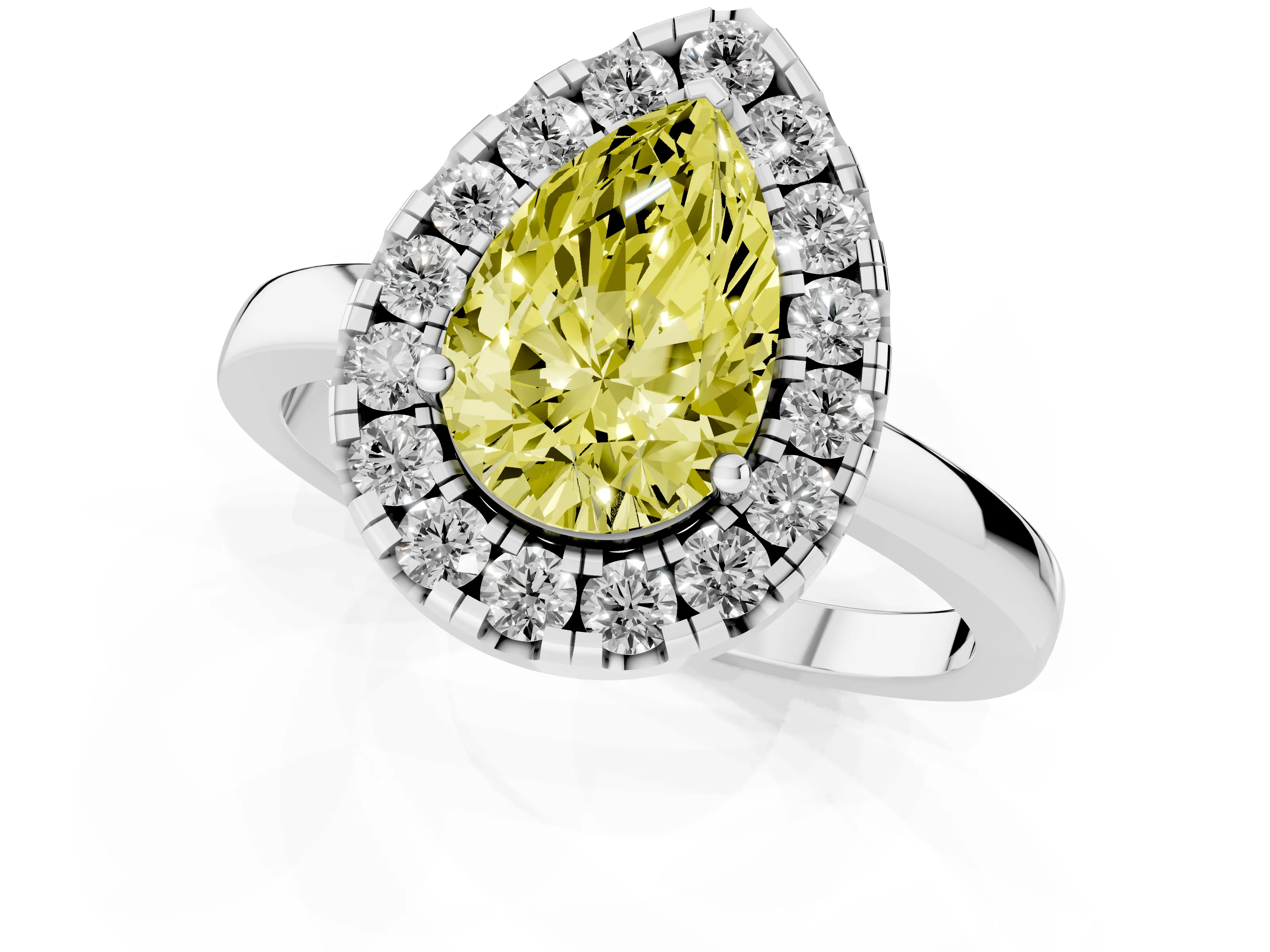 Fancy Yellow Pear Cut Diamond Halo Solitaire Ring Set in White gold with Pavé Band and Prong Setting