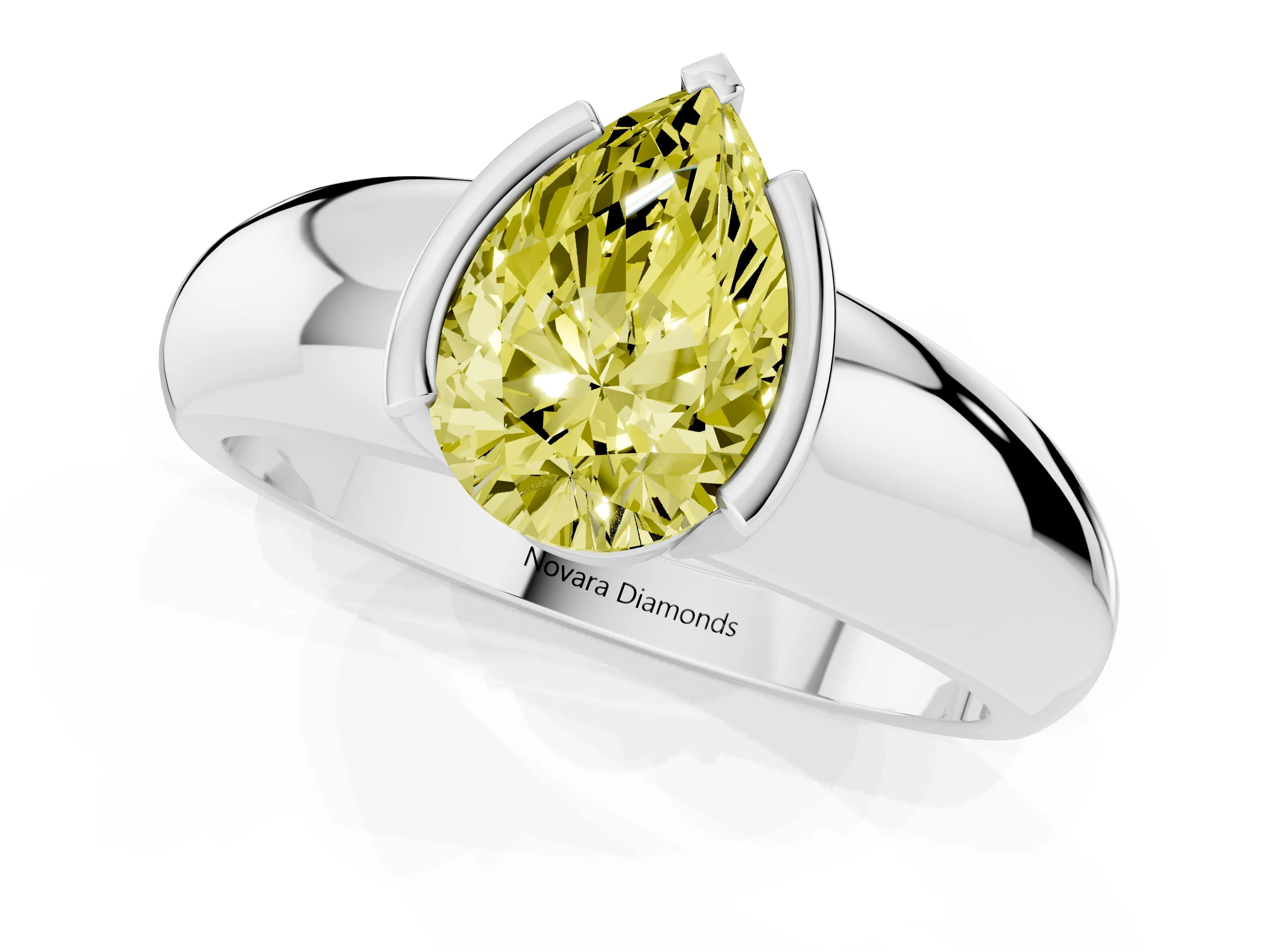 Fancy Yellow Pear Cut Diamond Solitaire Tension Set Ring Set in White gold with Wide Band