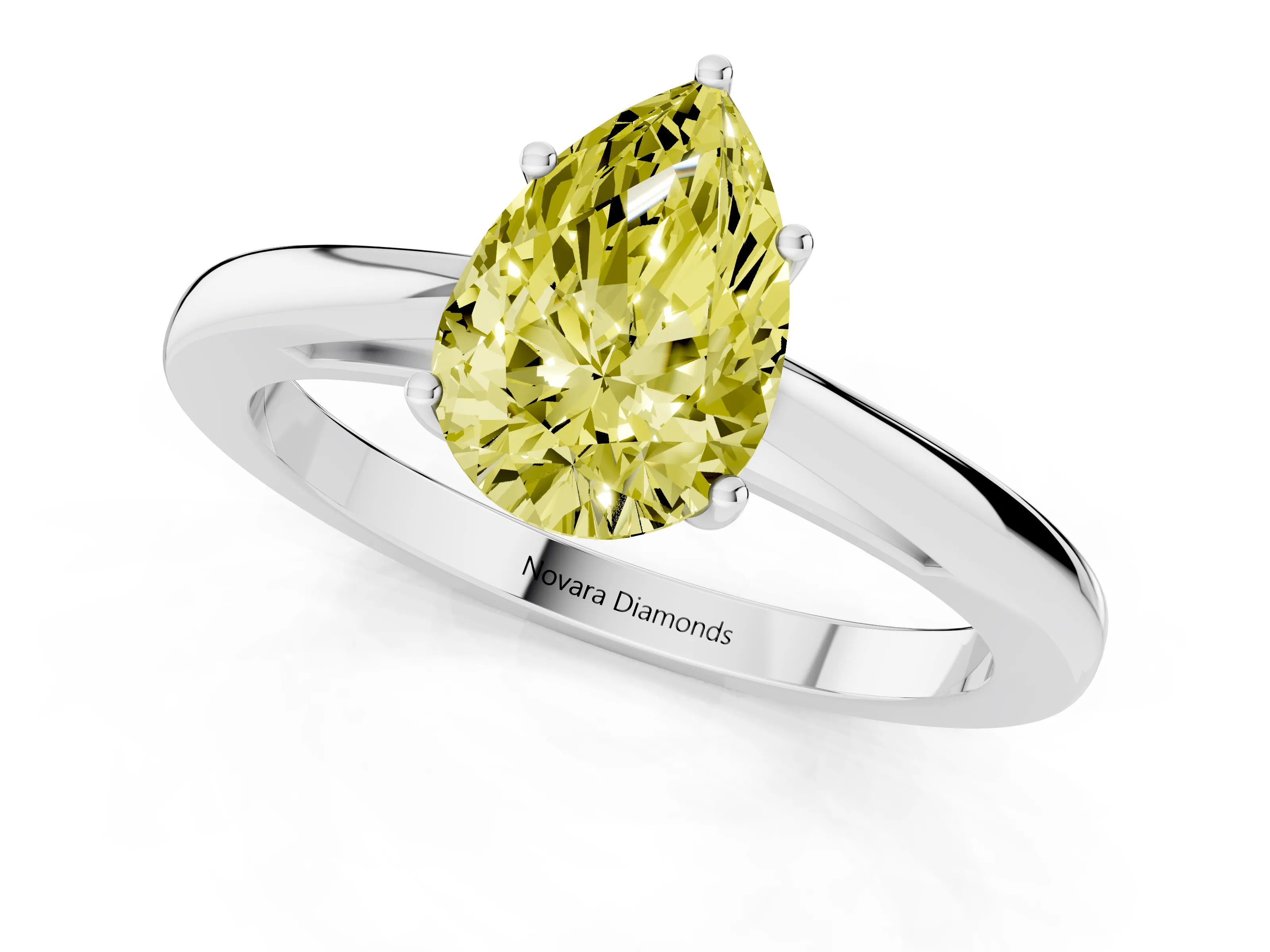 Fancy Yellow Pear Cut Diamond Solitaire Ring Set in Silver with Split Shank and Prong Setting