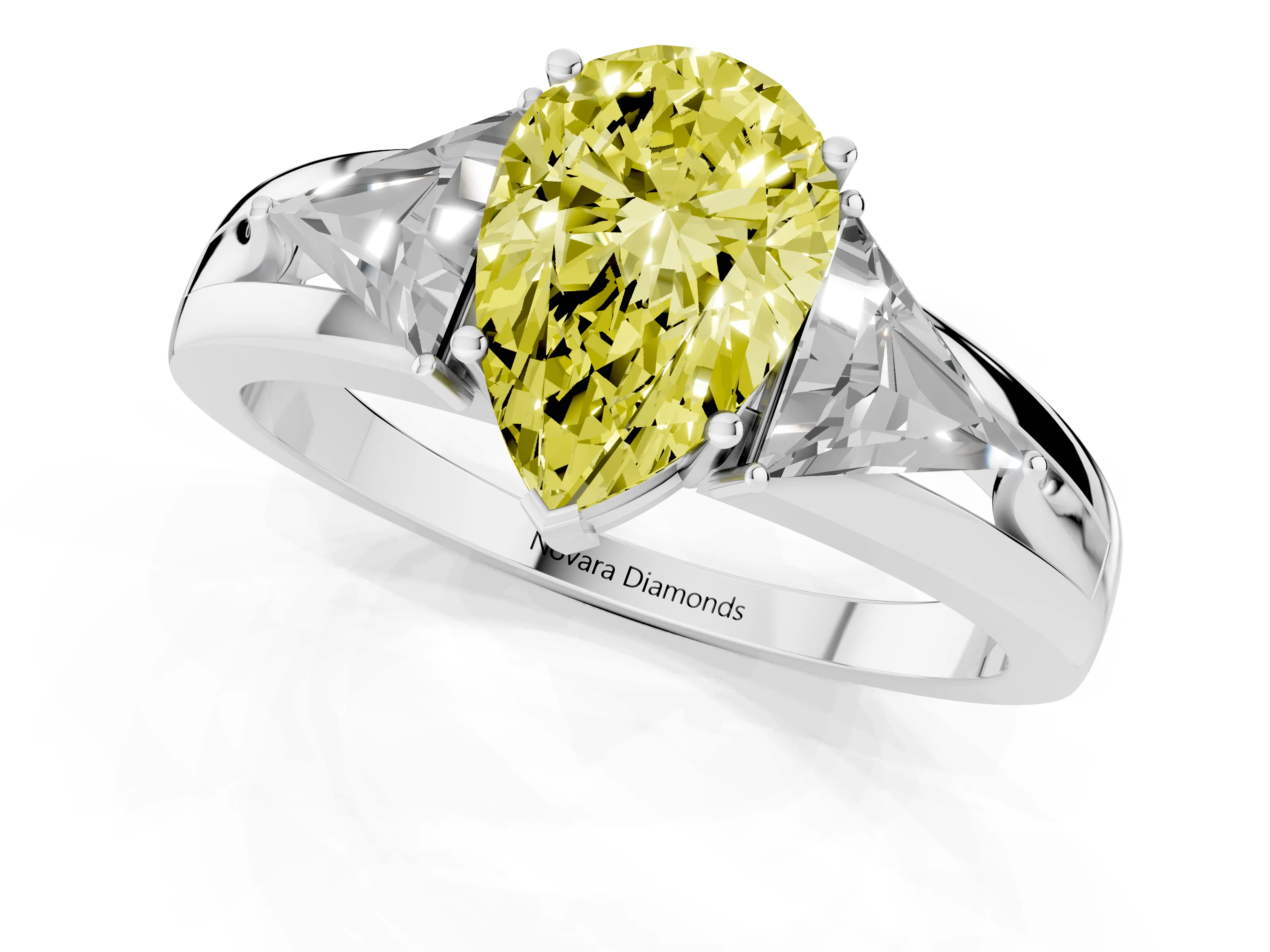 Fancy Yellow Pear Cut Diamond Three-Stone Ring Set in Silver with Trillion Side Stones and Split Shank