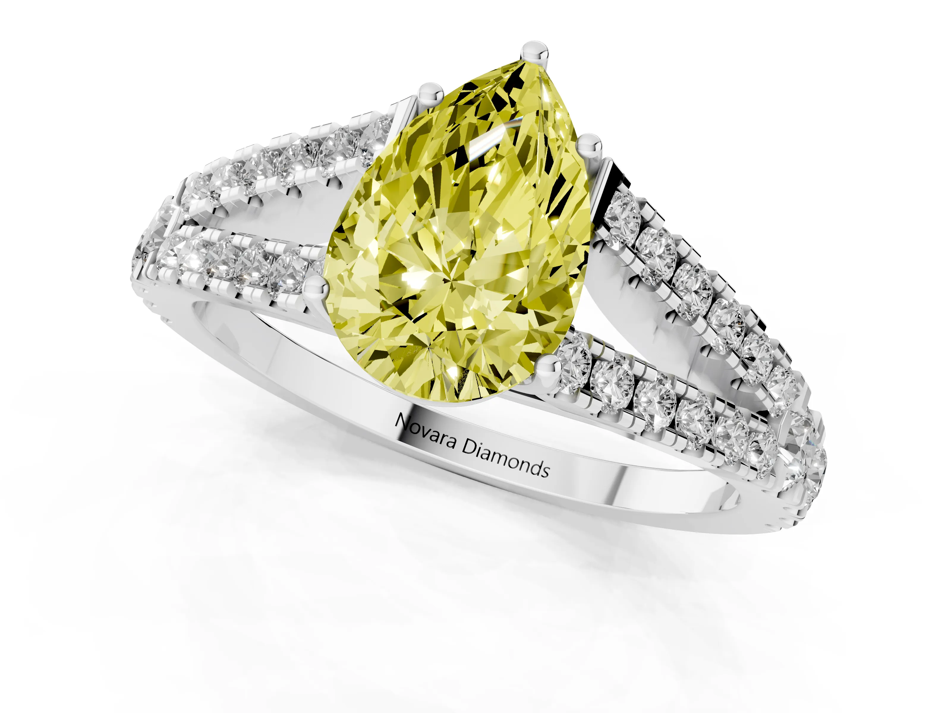 Fancy Yellow Pear Cut Diamond Split Shank Pavé Engagement Ring Set in Platinum with Prong-Held Center Stone