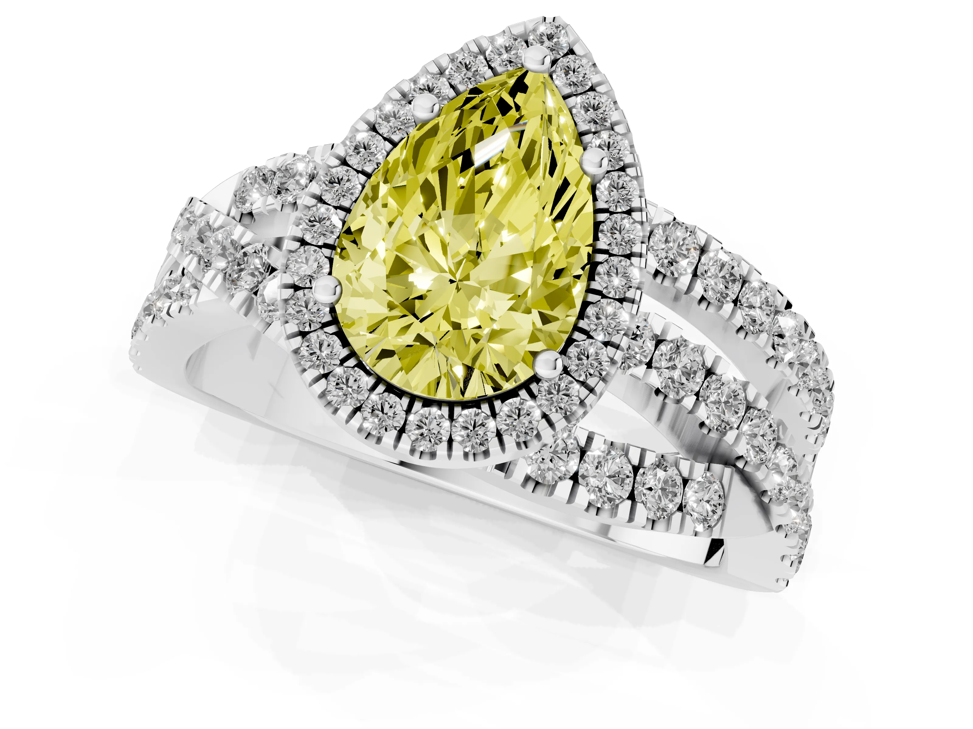 Fancy Yellow Pear Cut Diamond Halo Ring Set in Silver with Round Crossover Split Shank and Prong Setting