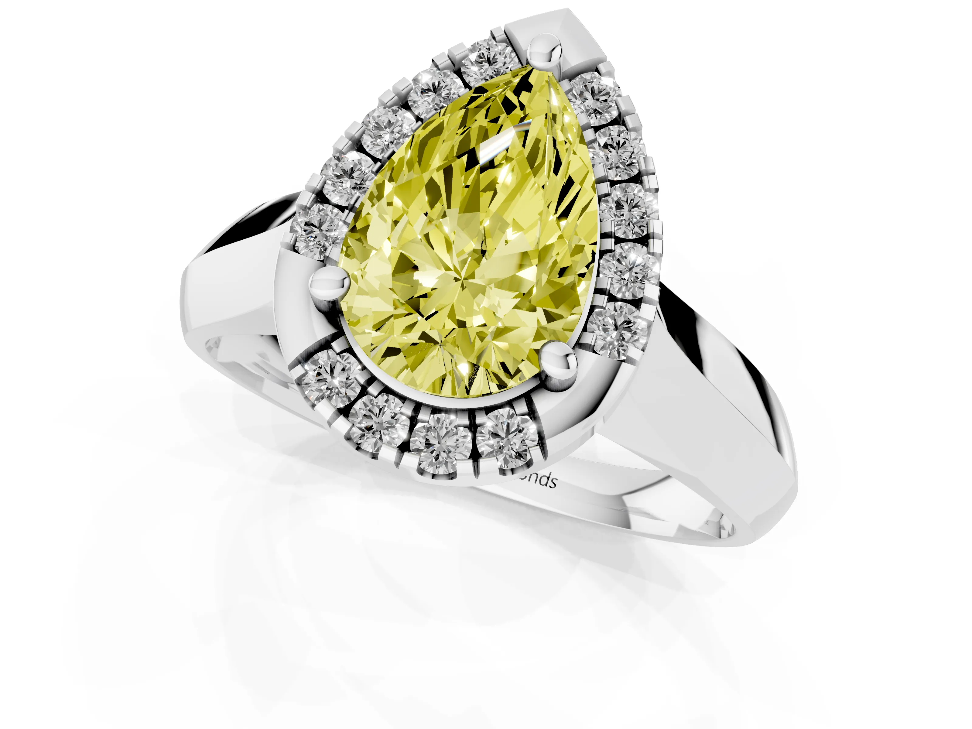 Fancy Yellow Pear Cut Diamond Halo Solitaire Engagement Ring Set in Platinum with Square Band and Prong Setting