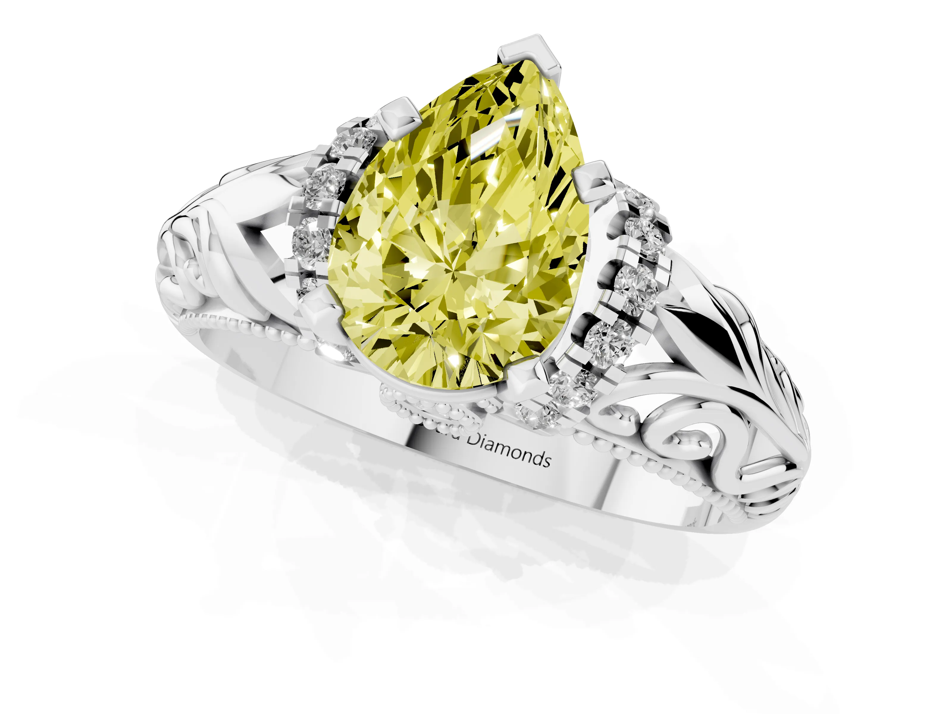 Fancy Yellow Pear Cut Diamond Filigree Halo Engagement Ring Set in White gold with Prong Setting