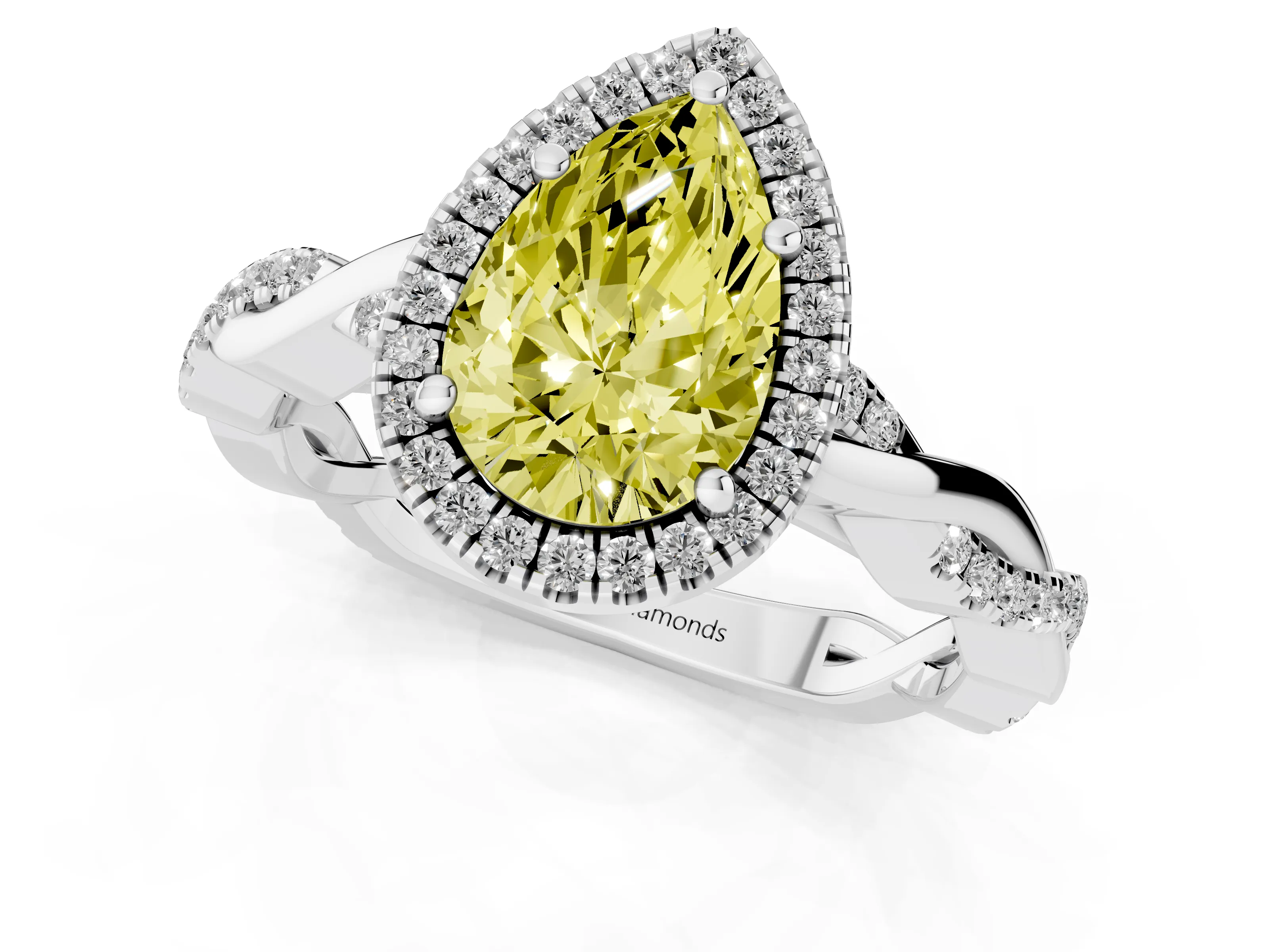 Fancy Yellow Pear Cut Diamond Halo Twisted Band Ring Set in White gold with Prong Setting