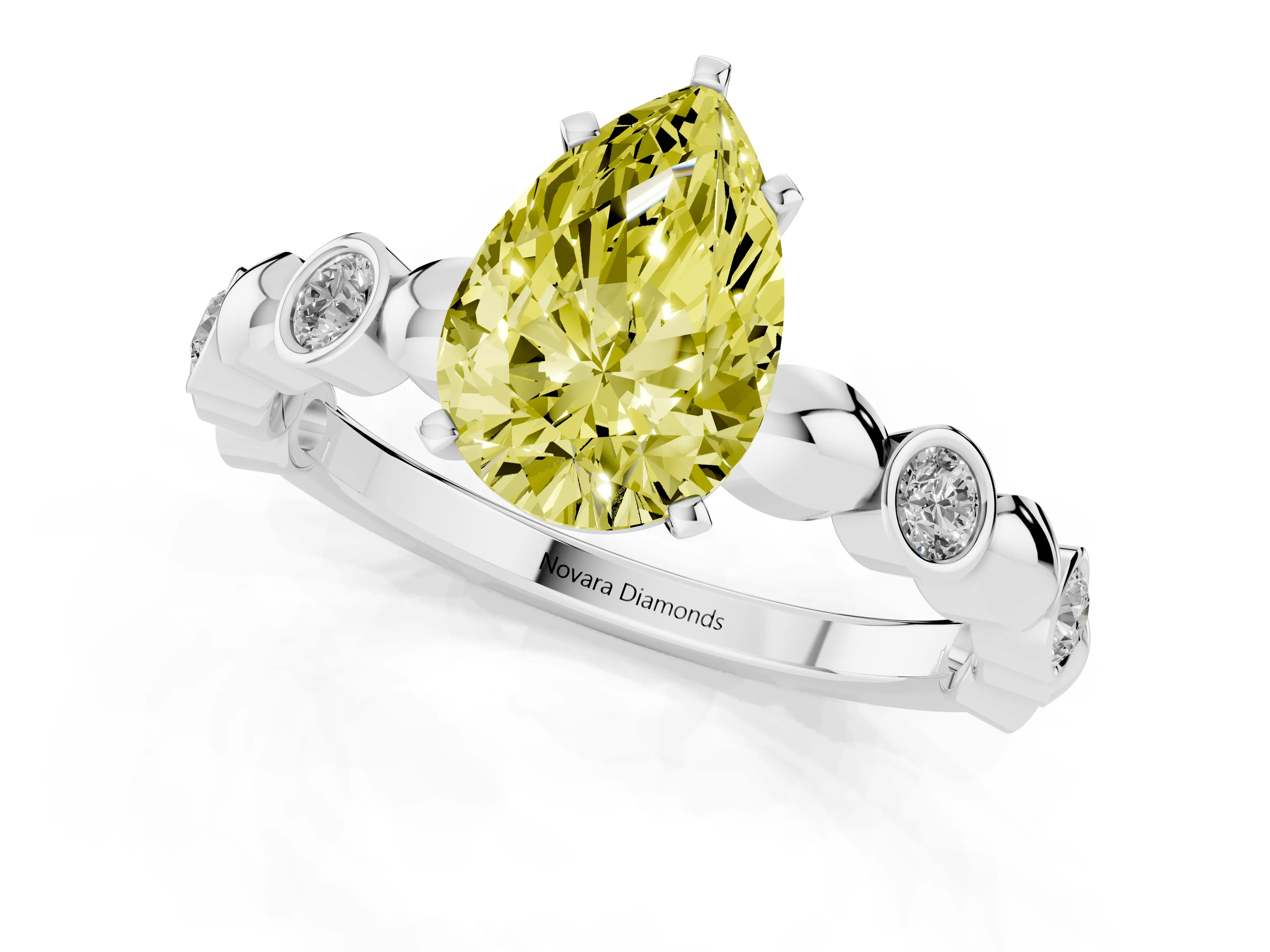 Fancy Yellow Pear Cut Diamond Solitaire Ring Set in Platinum with Bezel-Set Accents on Beaded Band and Prong Setting