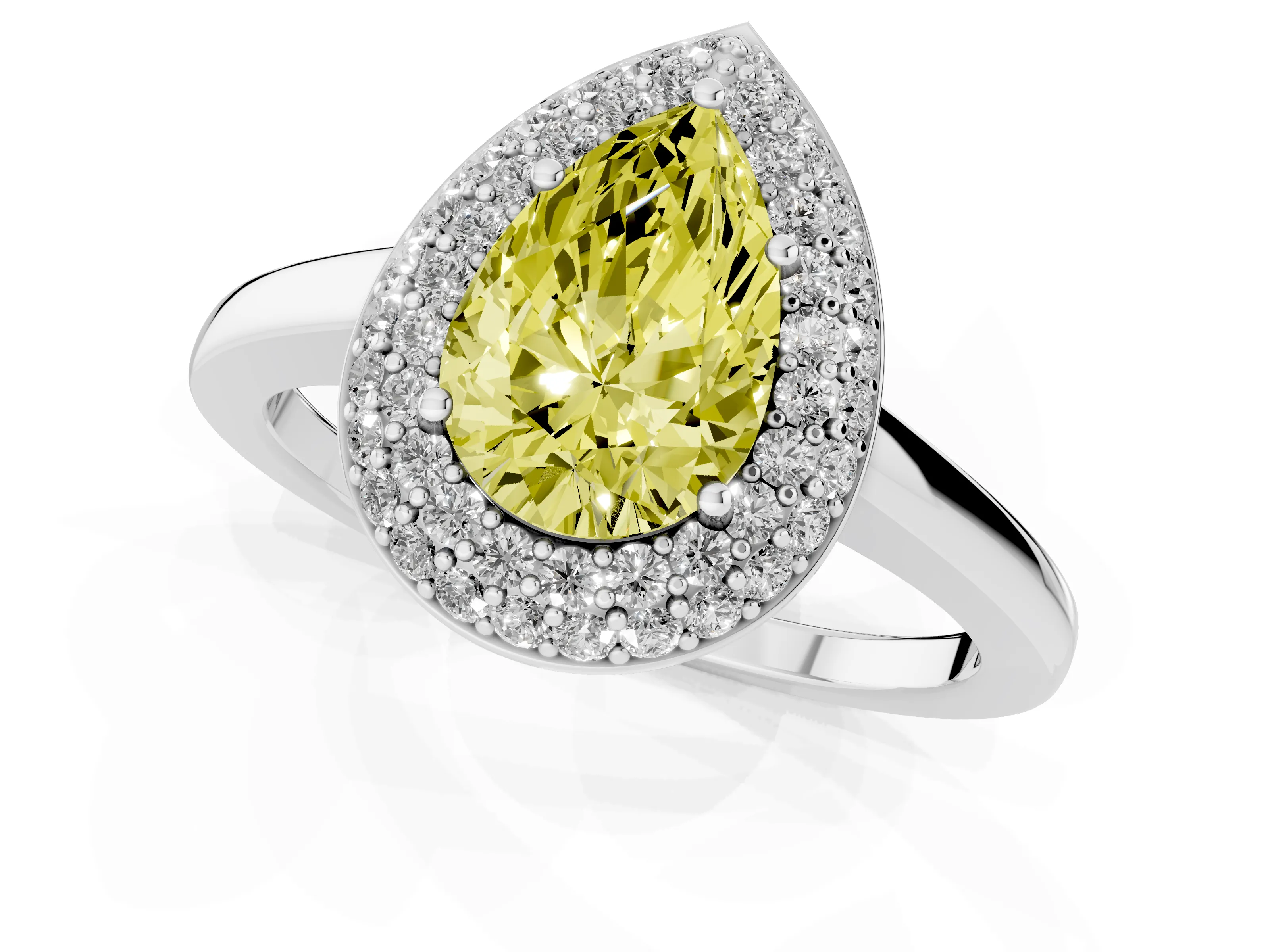 Fancy Yellow Pear Cut Diamond Halo Engagement Ring Set in Silver with Solitaire Band and Prong Setting