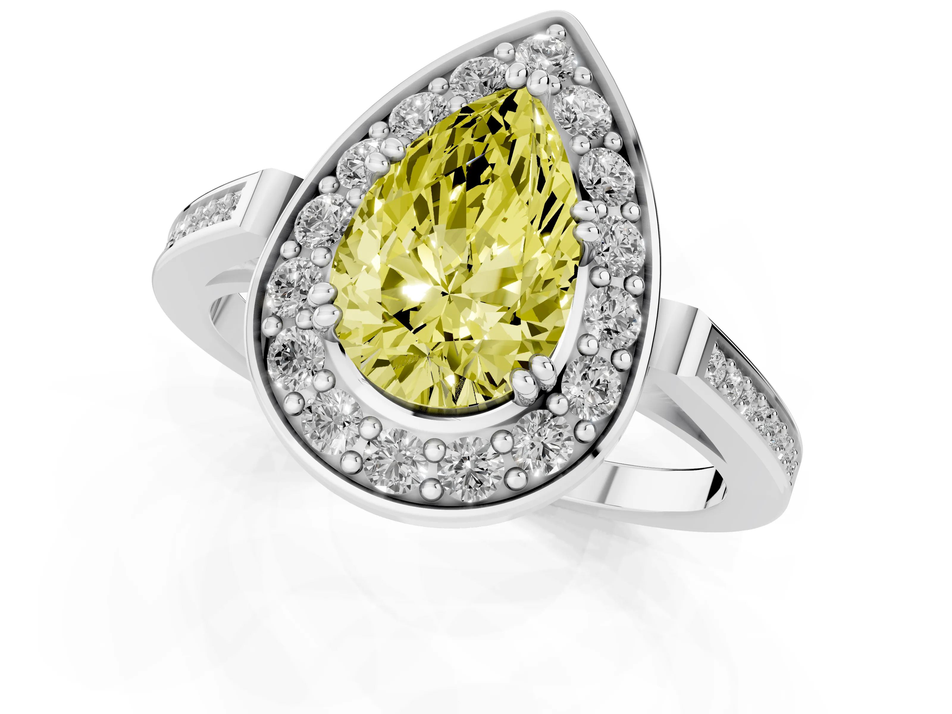 Fancy Yellow Pear Cut Diamond Halo Ring Set in Silver with Accent-Lined Split Shank and Prong Setting