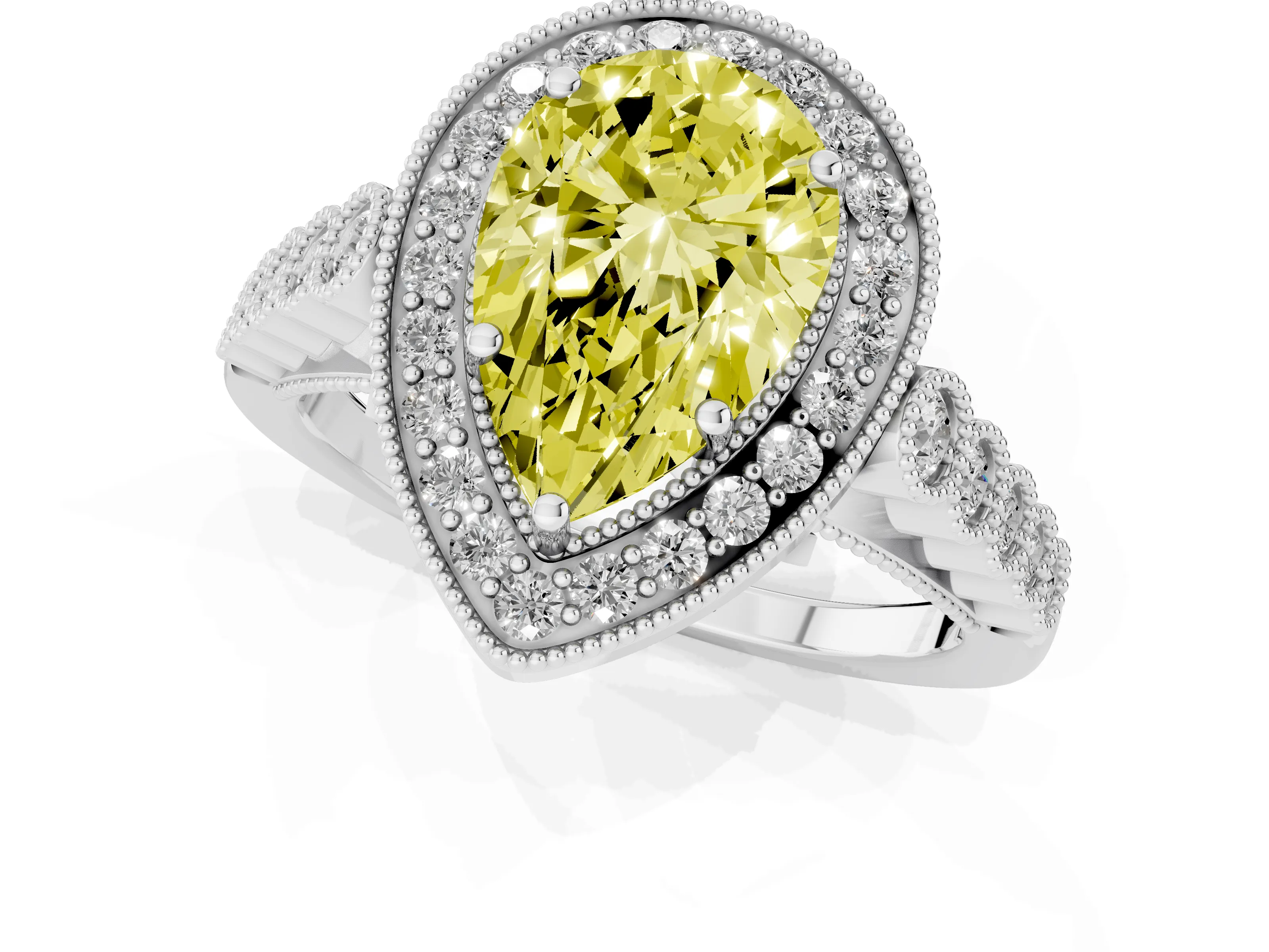 Fancy Yellow Pear Cut Diamond Milgrain Halo Solitaire Ring Set in Silver with Bezel Set Side Stones and Pavé Band