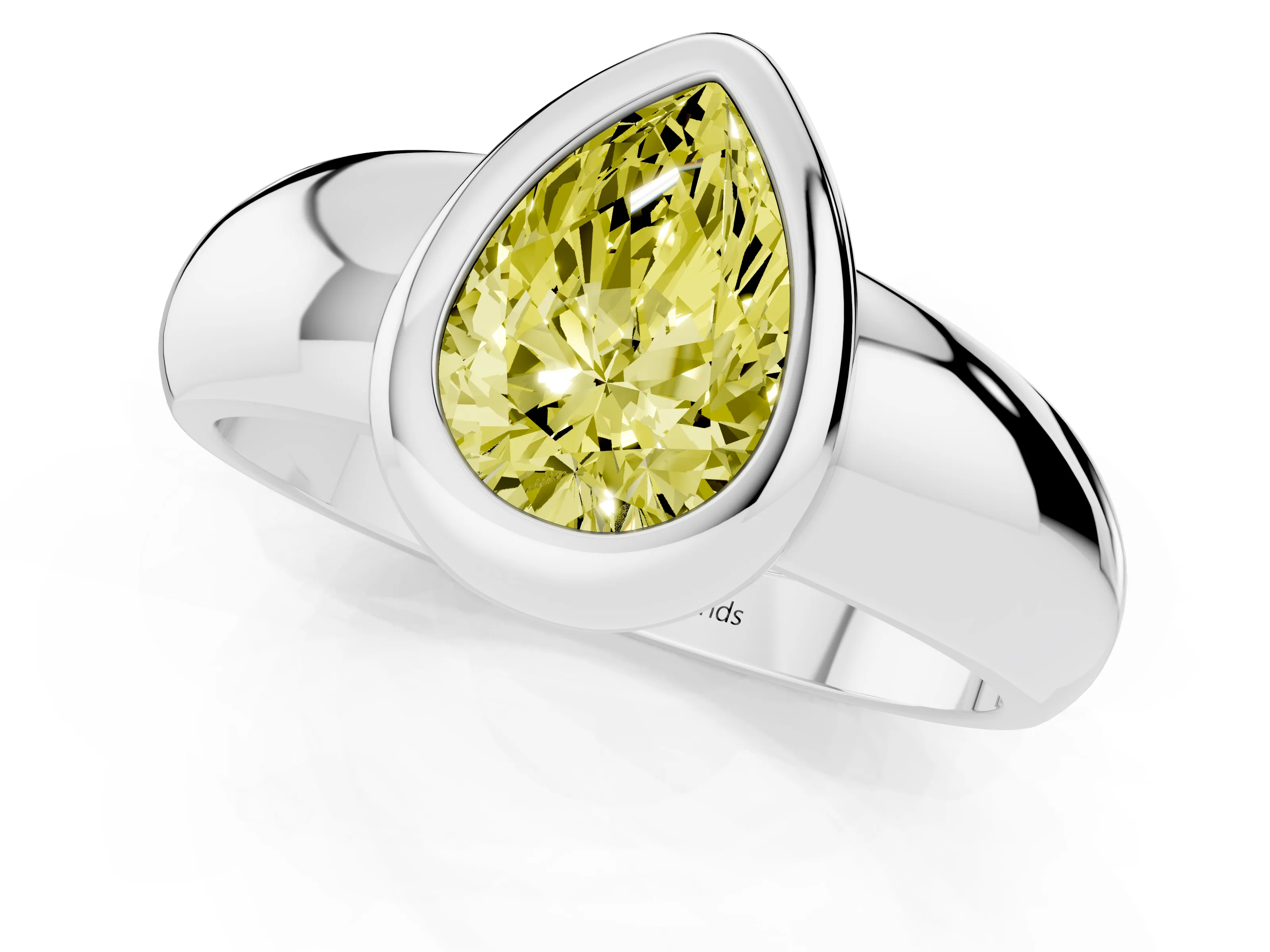 Fancy Yellow Bezel Set Pear Cut Diamond Solitaire Ring Set in Platinum with Wide Band