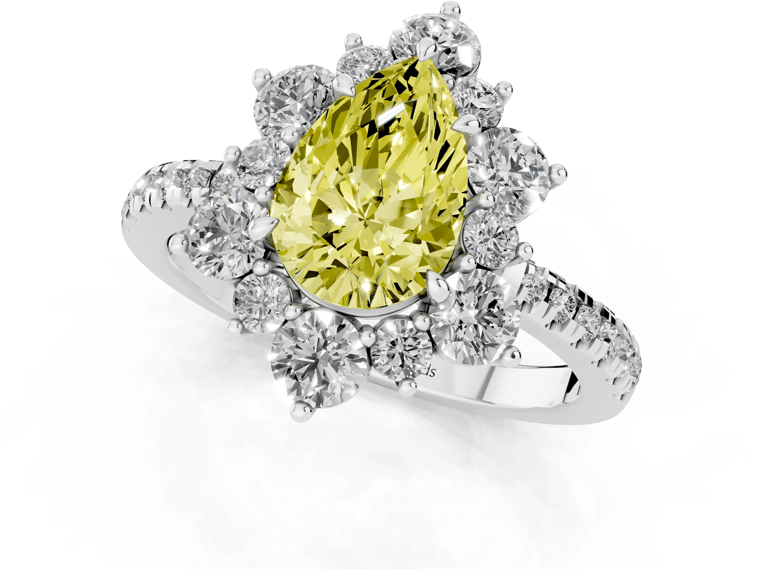 Fancy Yellow Pear Cut Diamond Floral Halo Ring Set in White gold with Round Pavé Band and Prong Setting