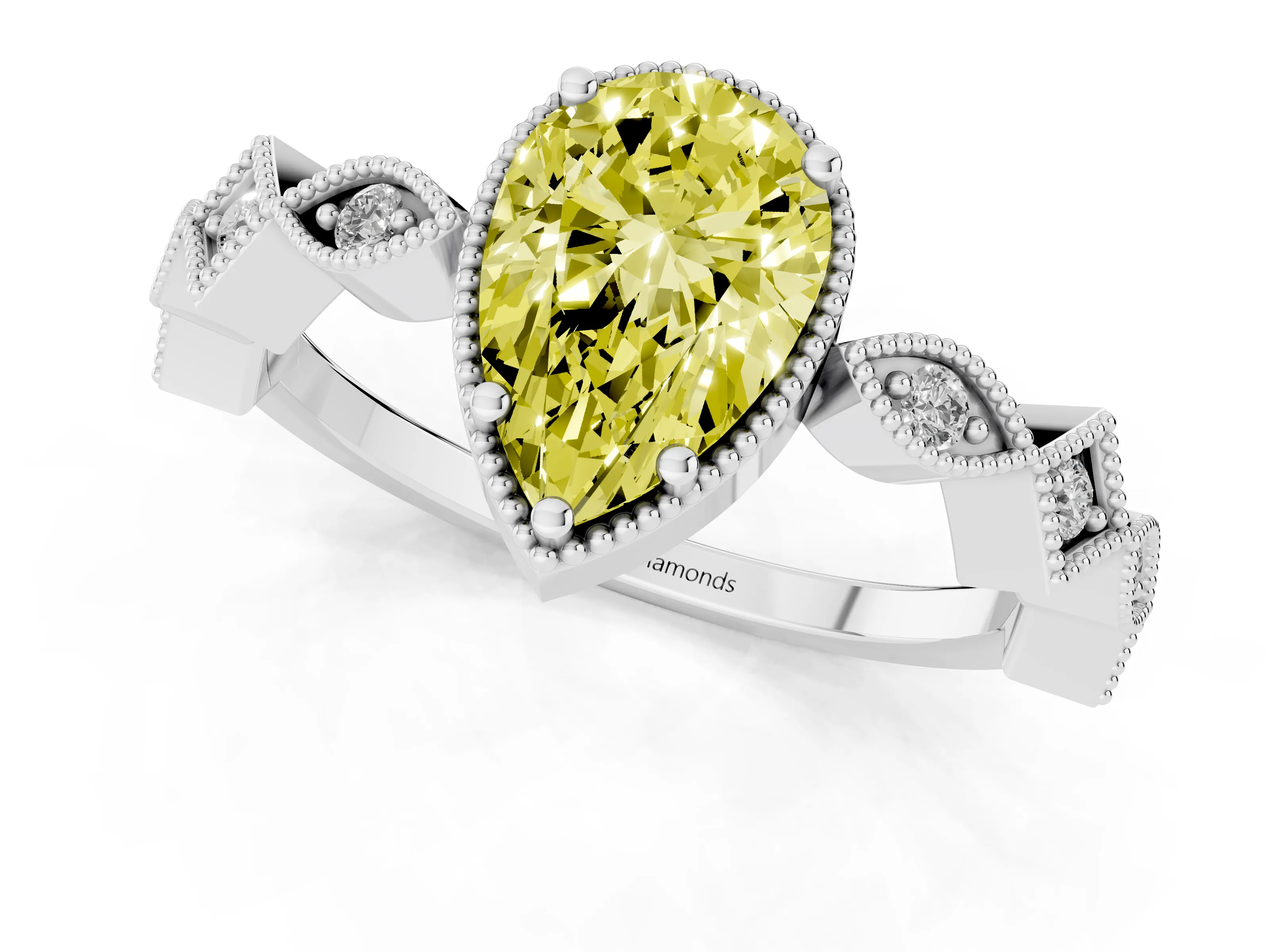 Fancy Yellow Pear Cut Diamond Milgrain Marquise Twist Band Ring Set in White gold with Prong Setting