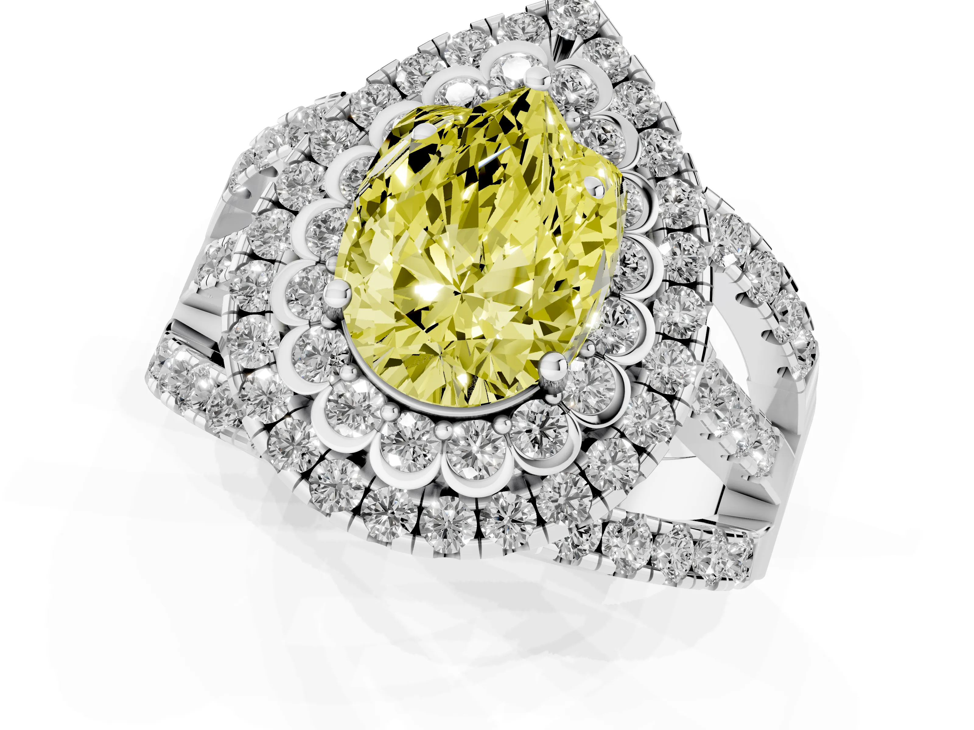 Fancy Yellow Pear Cut Diamond Double Halo Ring Set in Silver with Round Pavé Split Shank