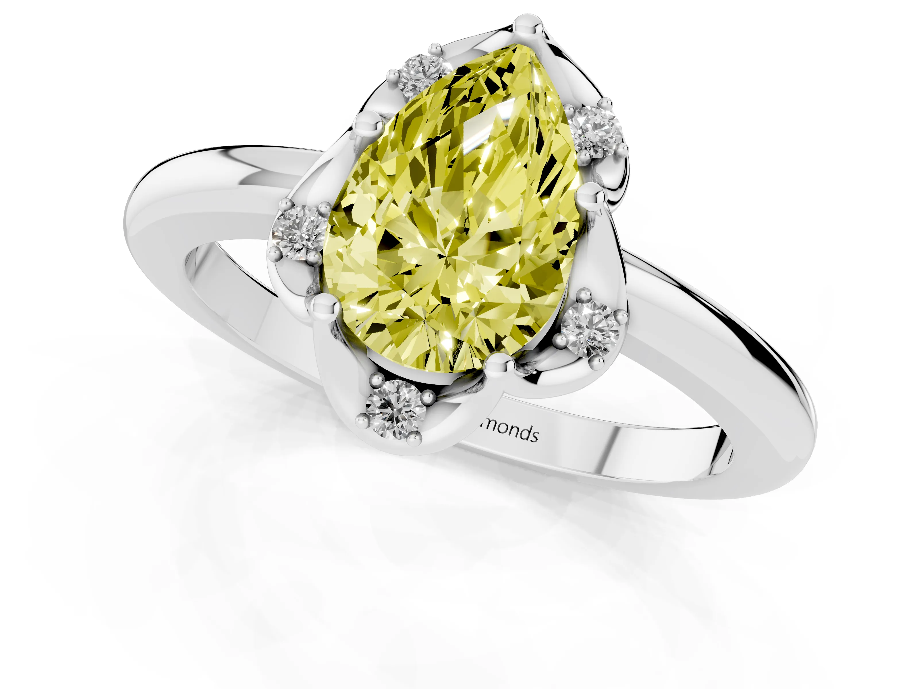 Fancy Yellow Pear Cut Diamond Round Cluster Halo Ring Set in Platinum with Solitaire Band and Prong Setting