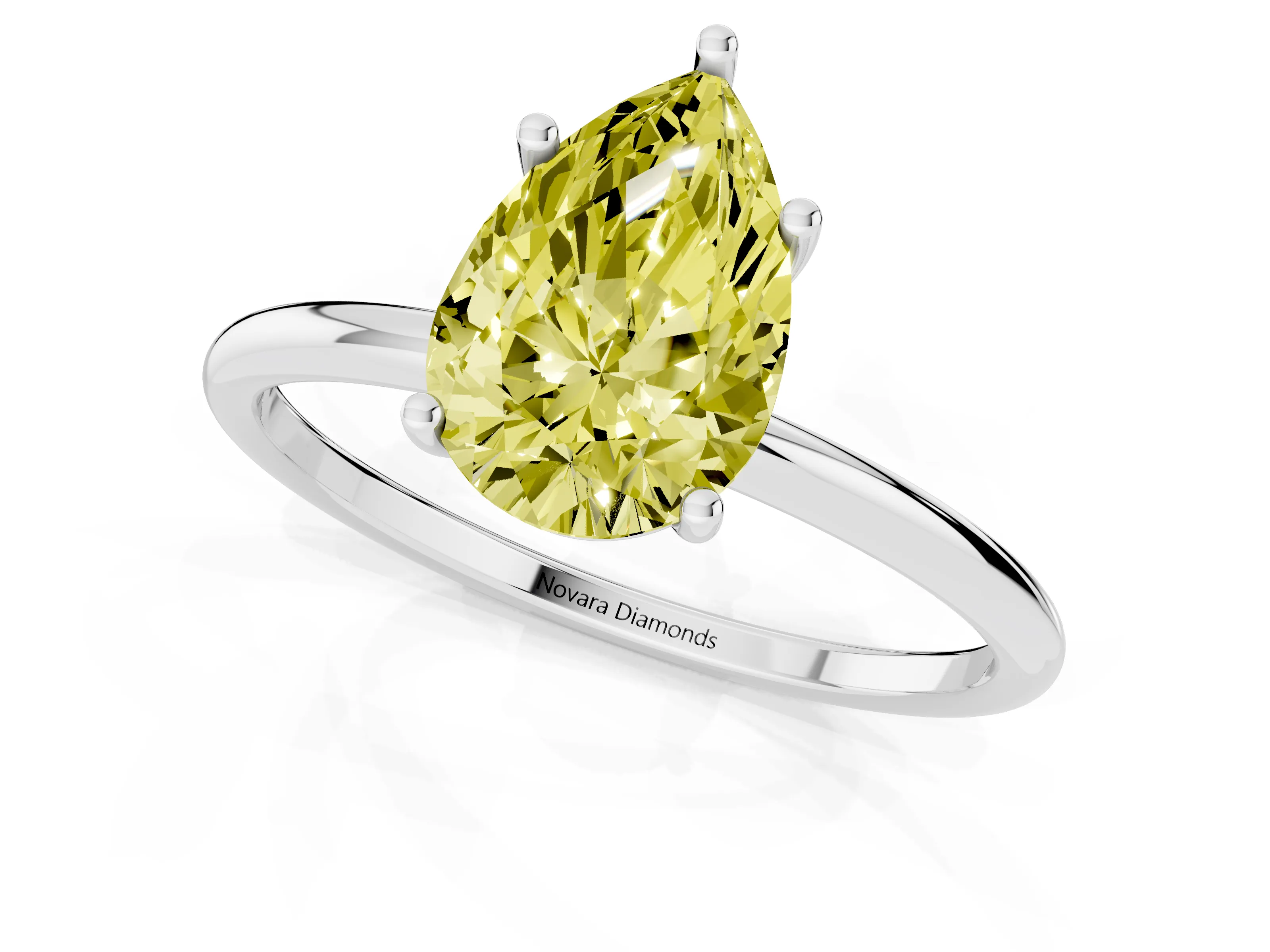 Fancy Yellow Pear Cut Diamond Solitaire Engagement Ring Set in Platinum with Thin Band and Prong Setting – second view