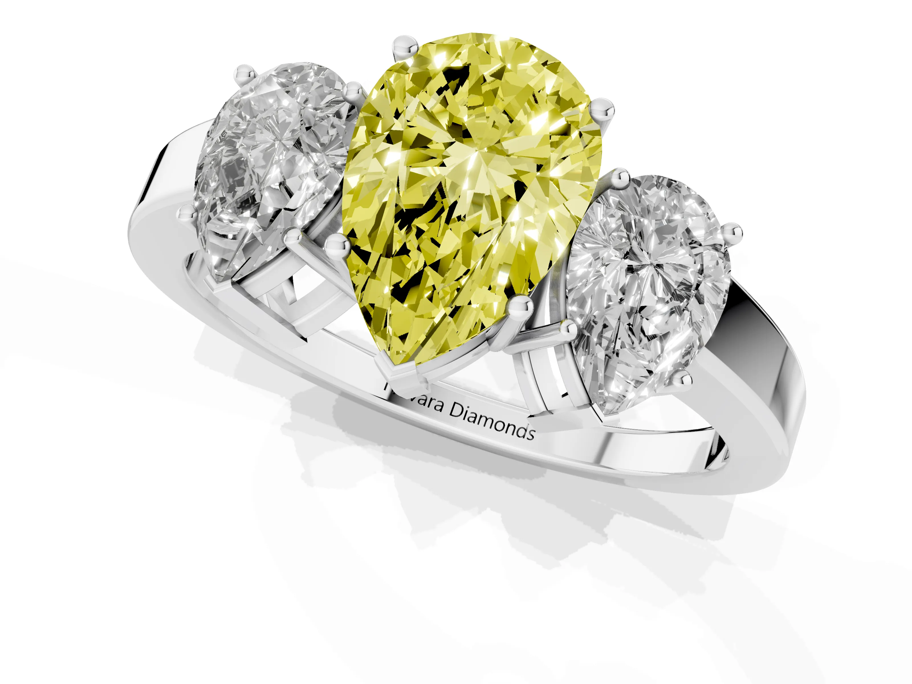 Fancy Yellow Pear Cut Diamond Three-Stone Engagement Ring Set in White gold with Flat Band