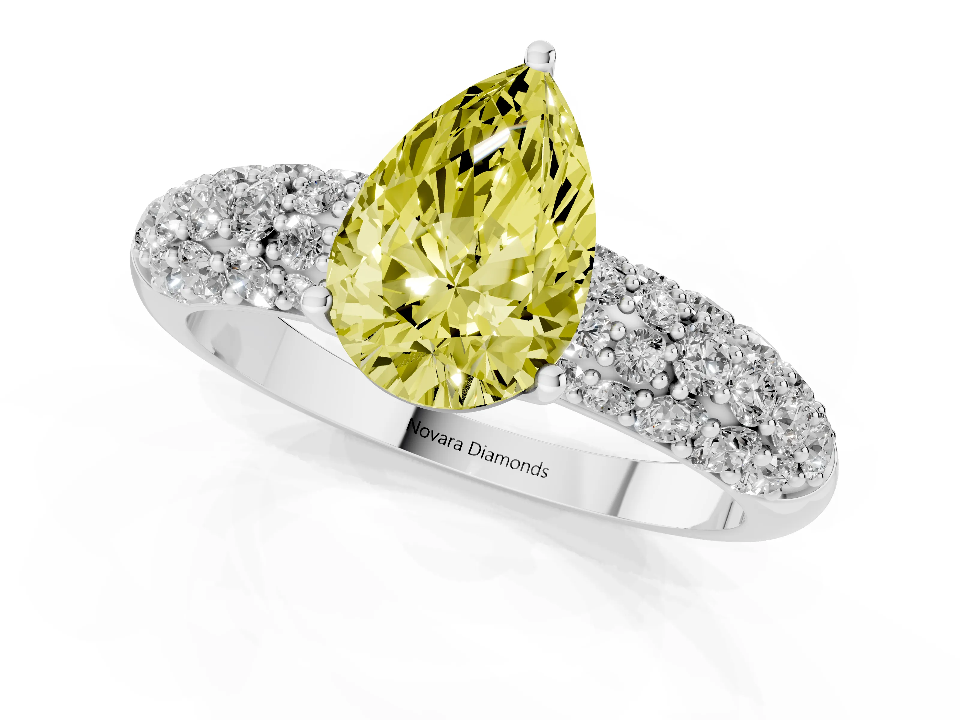 Fancy Yellow Pear Cut Diamond Pavé Band Solitaire Ring Set in White gold with Close-Set Accent Stones and Prong Setting
