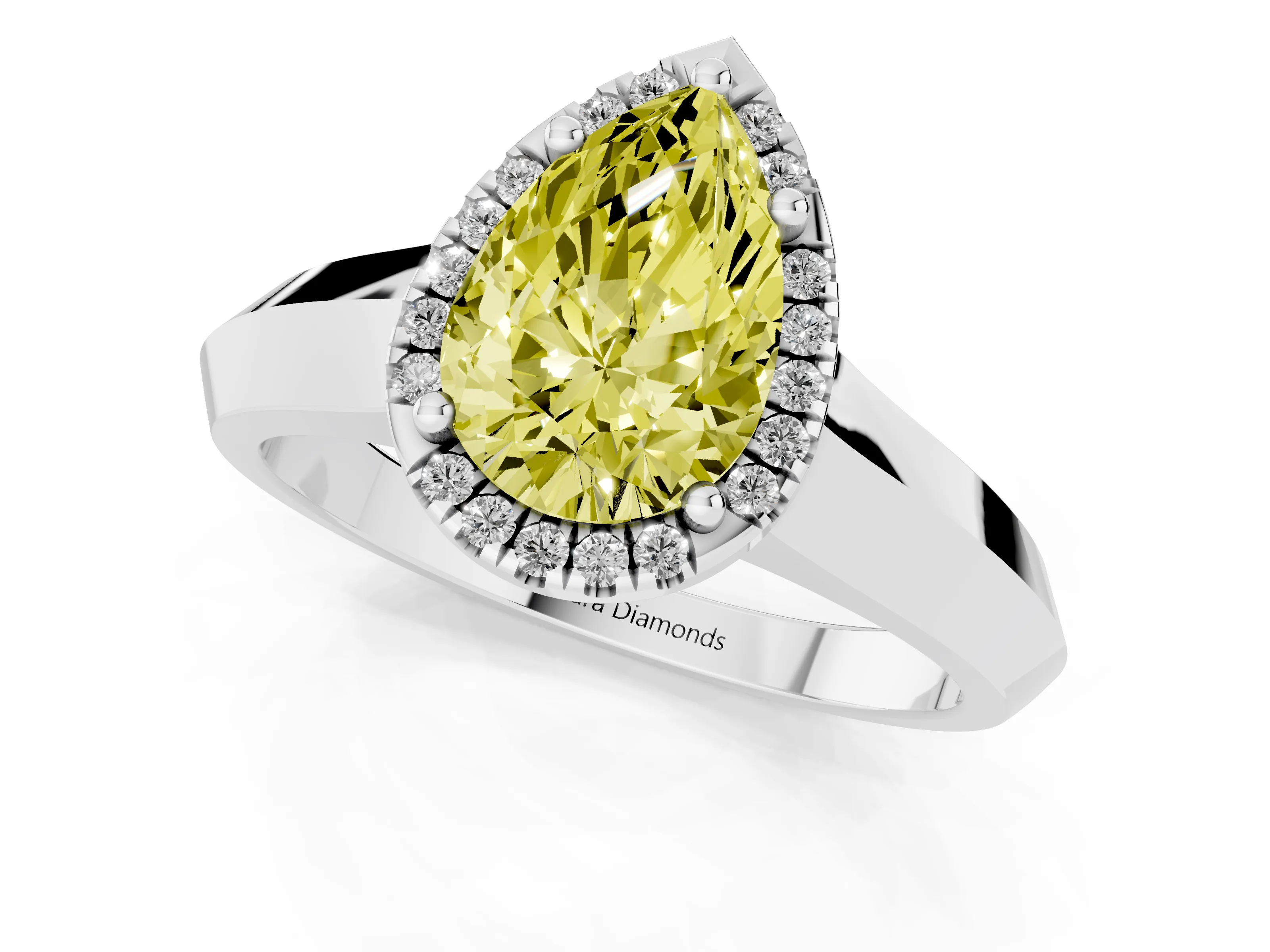Fancy Yellow Pear Cut Diamond Halo Ring Set in White gold with Cathedral Band and Prong Setting