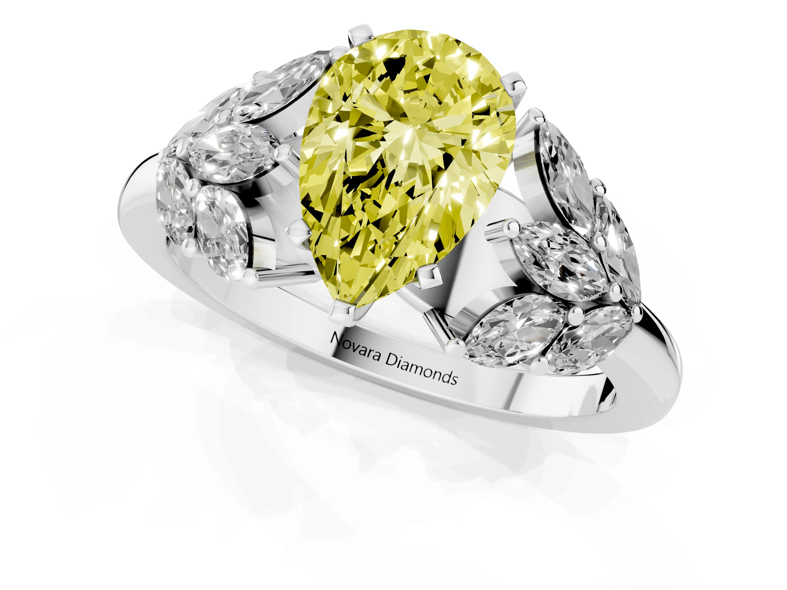Fancy Yellow Pear Cut Diamond Cluster Leaf Design Ring Set in Silver with Prong Setting