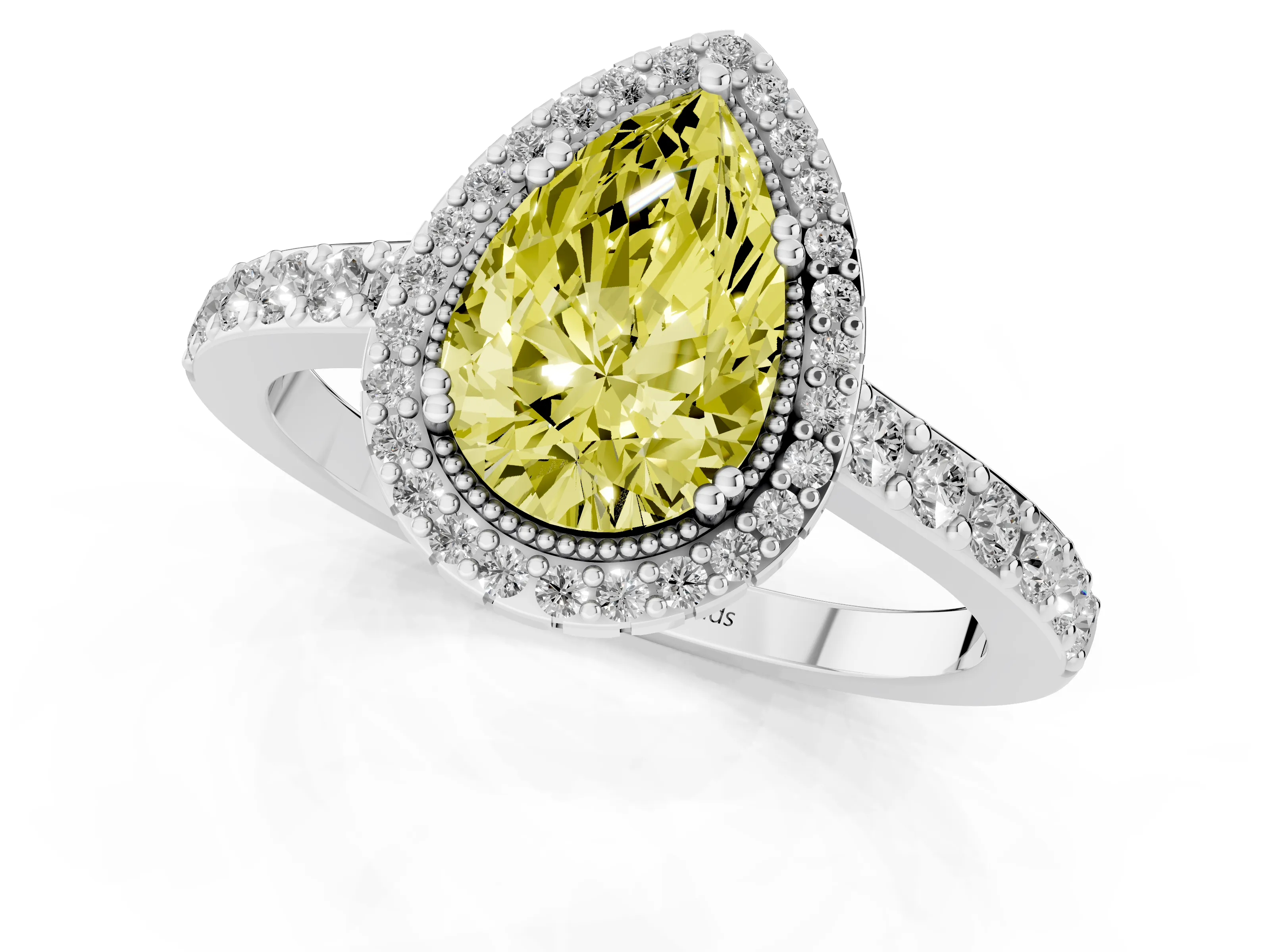 Fancy Yellow Pear Cut Diamond Halo Engagement Ring Set in Platinum with Milgrain Detail and Pavé Band